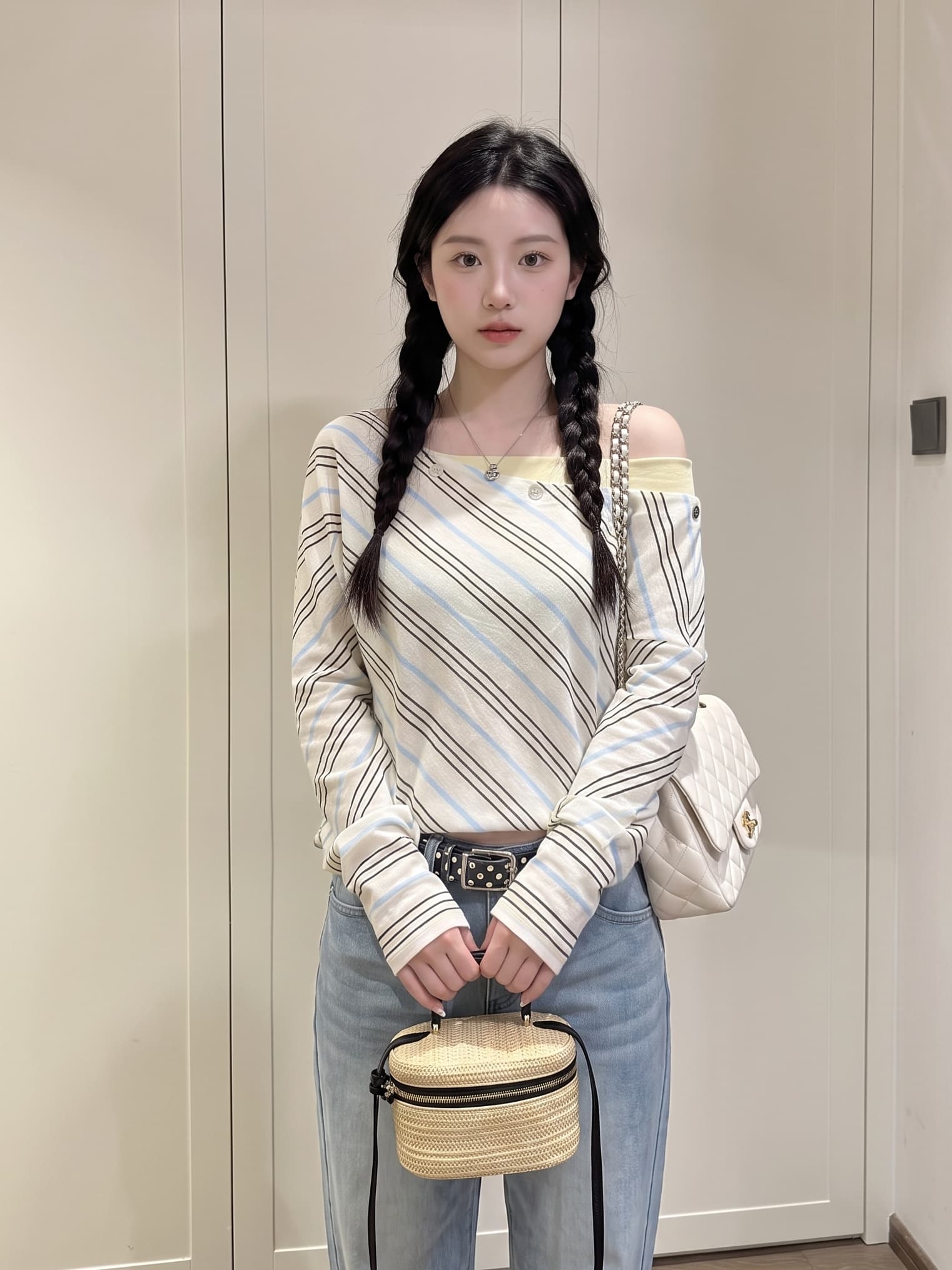 실사 정가 배색 스트라이프 비스듬한 어깨 긴팔 티셔츠 여성 조기 가을 페이크 레이어드 쇼트 스타일 슬림해 보이는 오프숄더 맨위 이미지 2