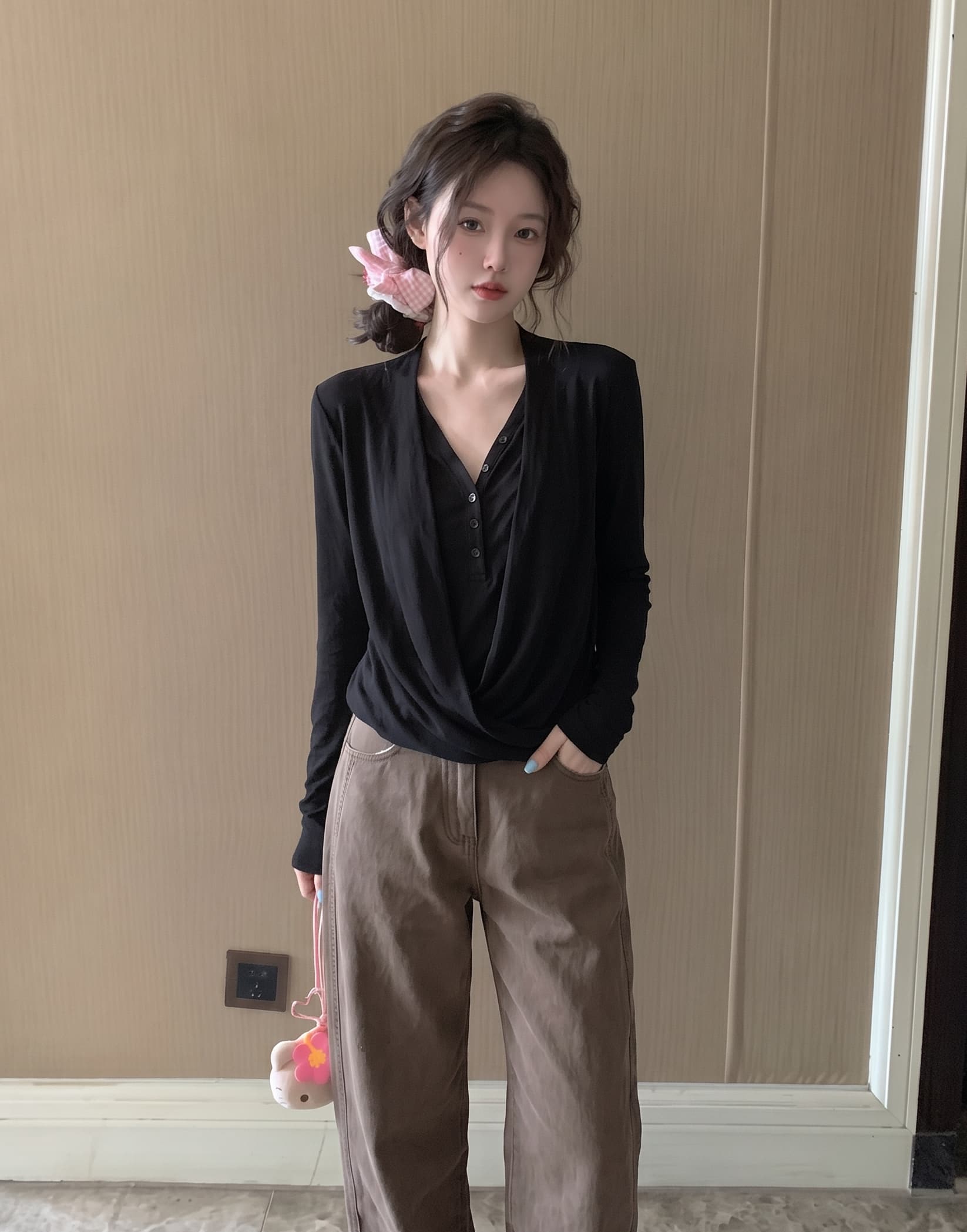 느긋한 종이 사람들 라이 경기 서울 아마 혼방 페이크 레이어드 맨위 여성 도루 흔들다 긴팔 티셔츠 여성 이미지 3