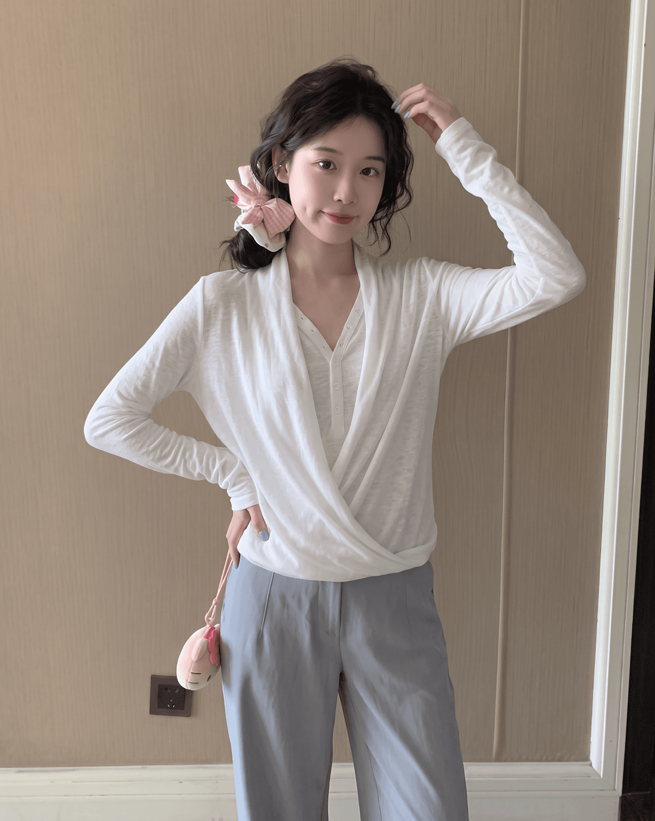 느긋한 종이 사람들 라이 경기 서울 아마 혼방 페이크 레이어드 맨위 여성 도루 흔들다 긴팔 티셔츠 여성