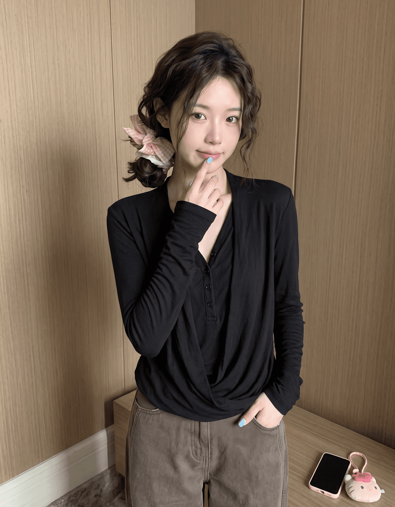 느긋한 종이 사람들 라이 경기 서울 아마 혼방 페이크 레이어드 맨위 여성 도루 흔들다 긴팔 티셔츠 여성 이미지 4