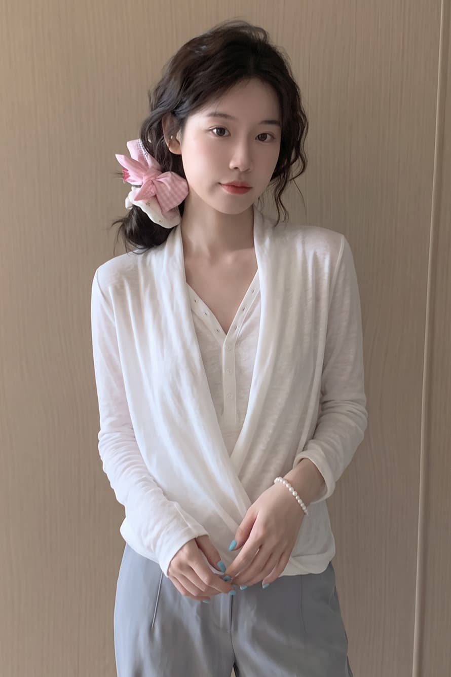 느긋한 종이 사람들 라이 경기 서울 아마 혼방 페이크 레이어드 맨위 여성 도루 흔들다 긴팔 티셔츠 여성 이미지 5