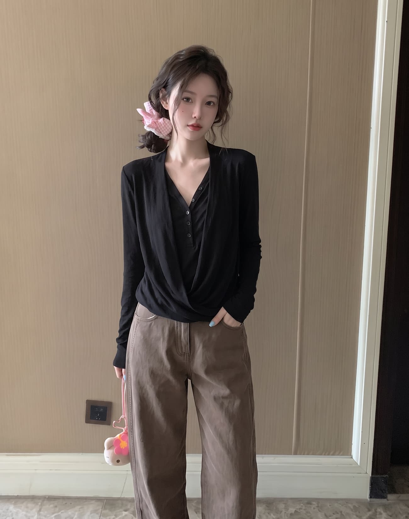 느긋한 종이 사람들 라이 경기 서울 아마 혼방 페이크 레이어드 맨위 여성 도루 흔들다 긴팔 티셔츠 여성 상세 이미지 6