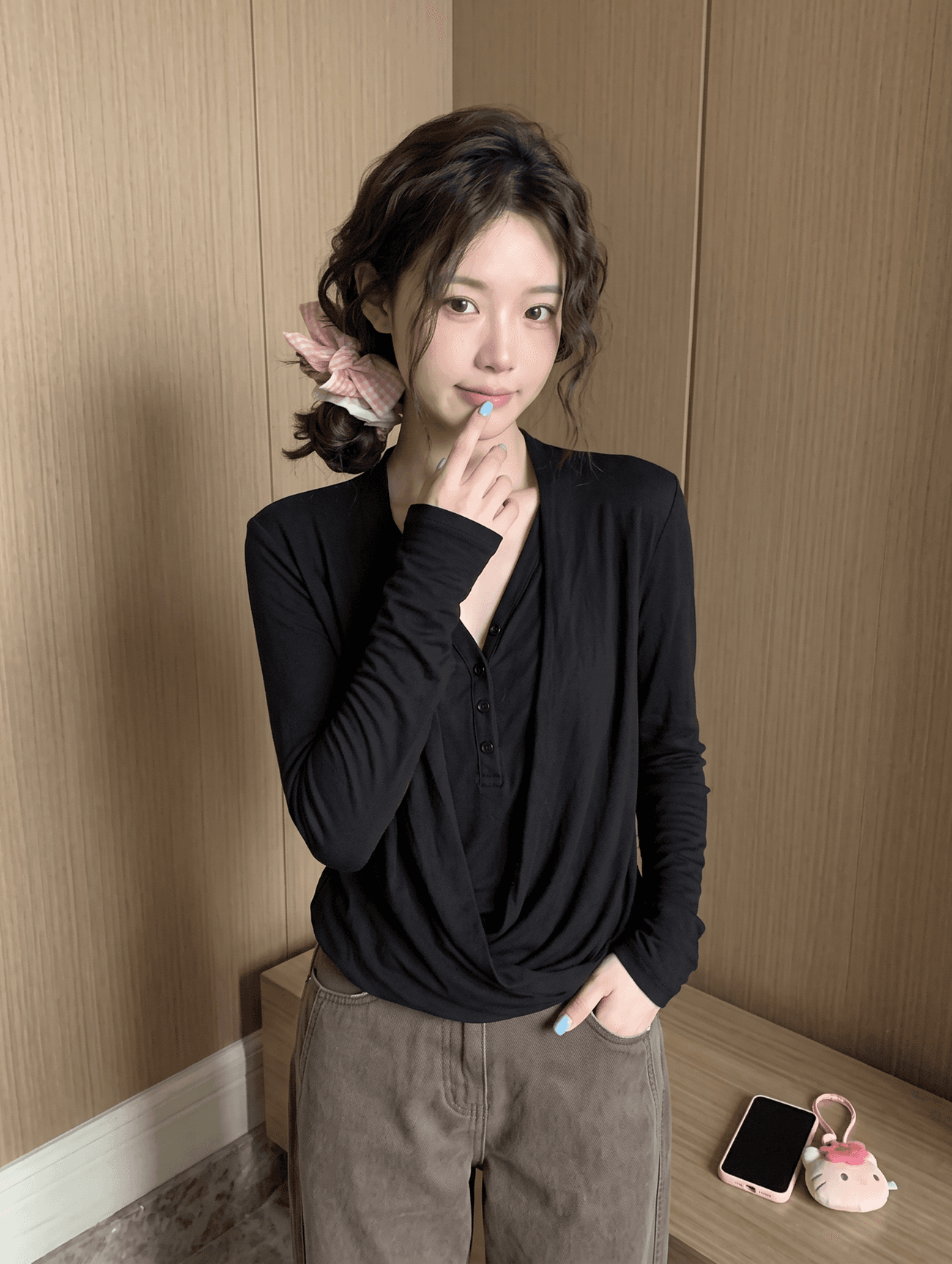 느긋한 종이 사람들 라이 경기 서울 아마 혼방 페이크 레이어드 맨위 여성 도루 흔들다 긴팔 티셔츠 여성 상세 이미지 7
