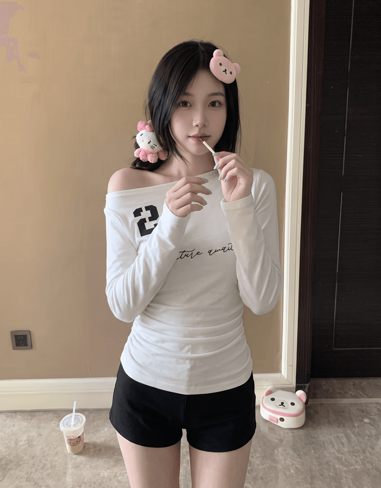 실사 정가 화이트 보트넥 긴팔 티셔츠 이른 가을 핫걸 프린트 맨위 여성 상세 이미지 4