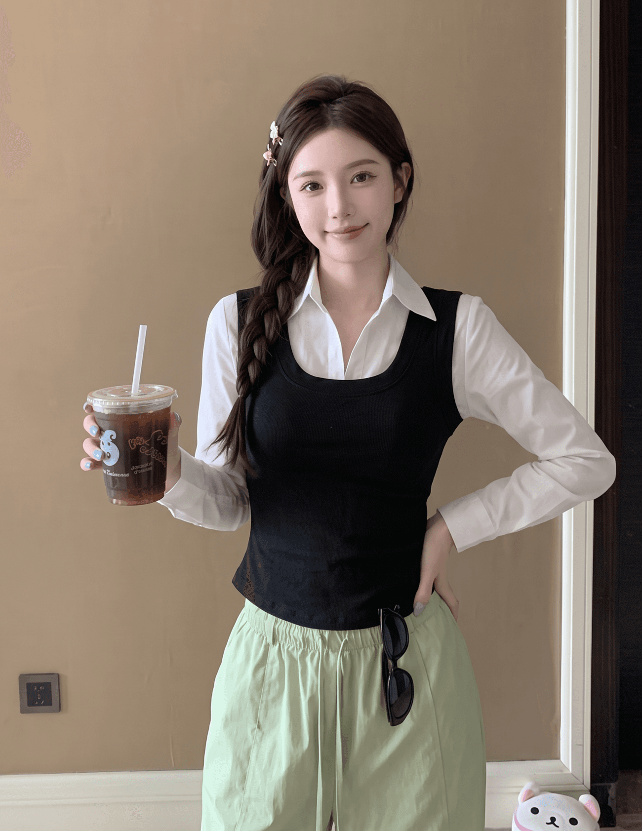 실사 정가 프랑스식 맨위 페이크 레이어드 긴팔 허리 수축 핫걸 자이언트 잘 생긴 셔츠