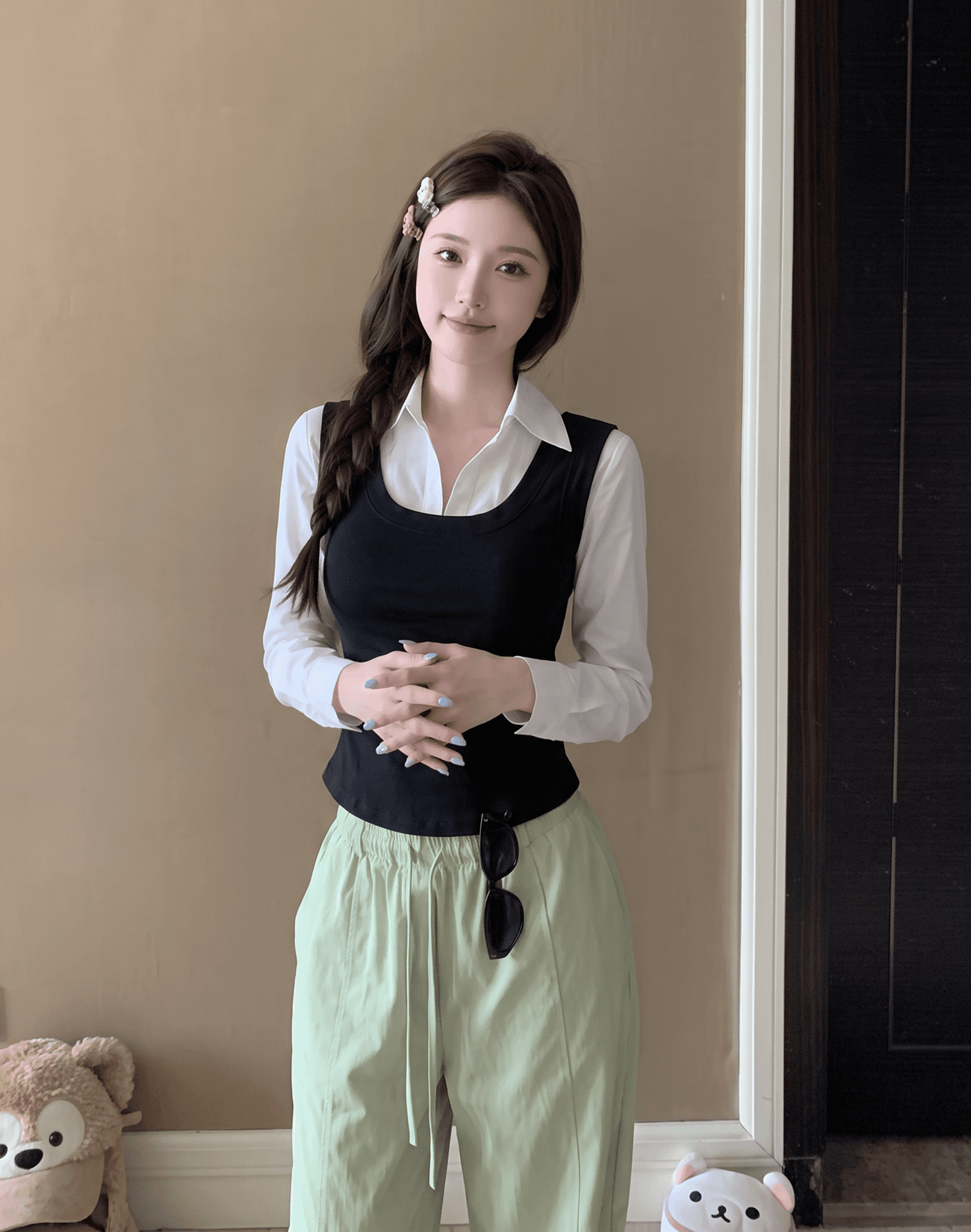 실사 정가 프랑스식 맨위 페이크 레이어드 긴팔 허리 수축 핫걸 자이언트 잘 생긴 셔츠 상세 이미지 4
