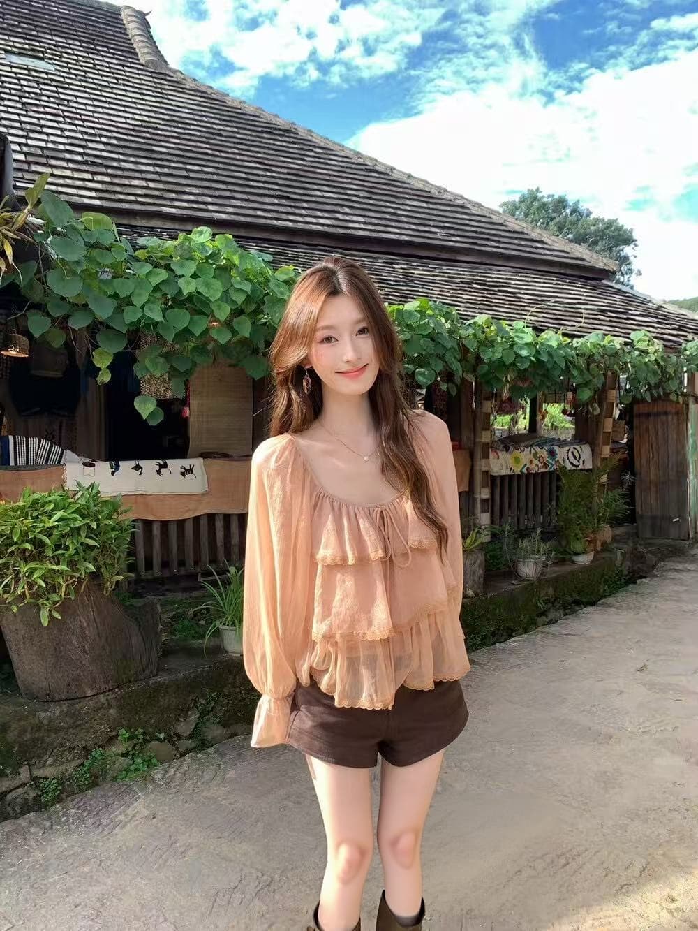 실사 감소되지 않음 한 부서 분위기 센스 부드러운 계층의 감각 프릴 레이스 작은 셔츠 루즈핏 맨위 상세 이미지 1