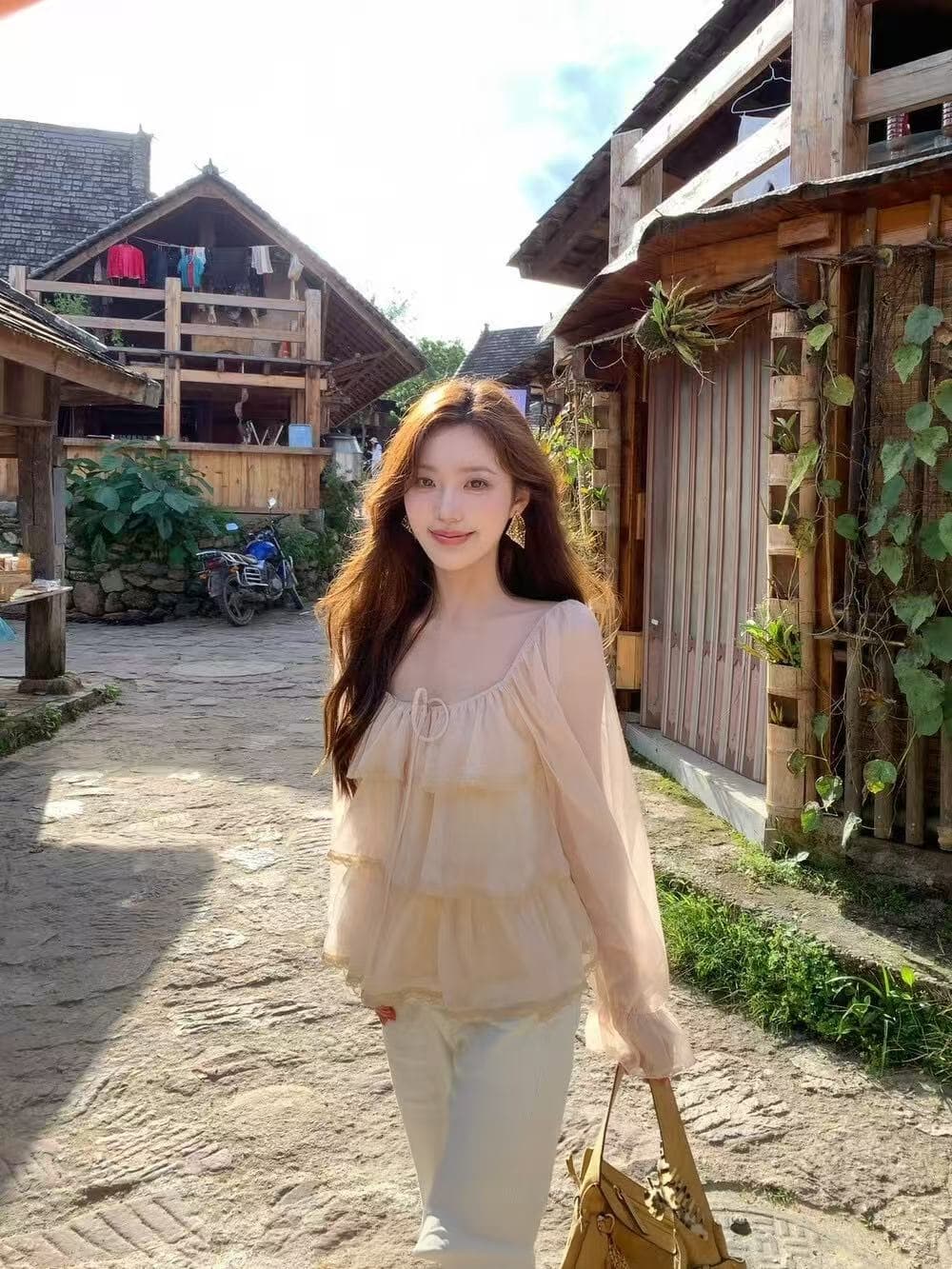 실사 감소되지 않음 한 부서 분위기 센스 부드러운 계층의 감각 프릴 레이스 작은 셔츠 루즈핏 맨위 상세 이미지 3