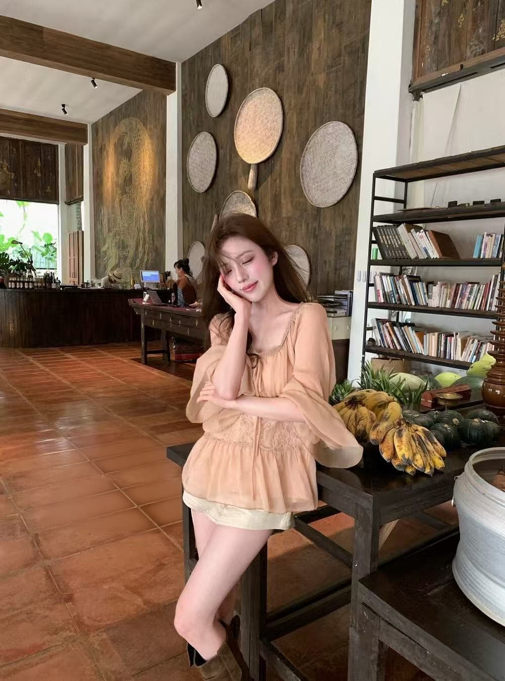 실사 감소되지 않음 조기 가을 낭만주의 안개 새싹 센스 연꽃 잎 소매 레이스 조각 다용도 작은 셔츠