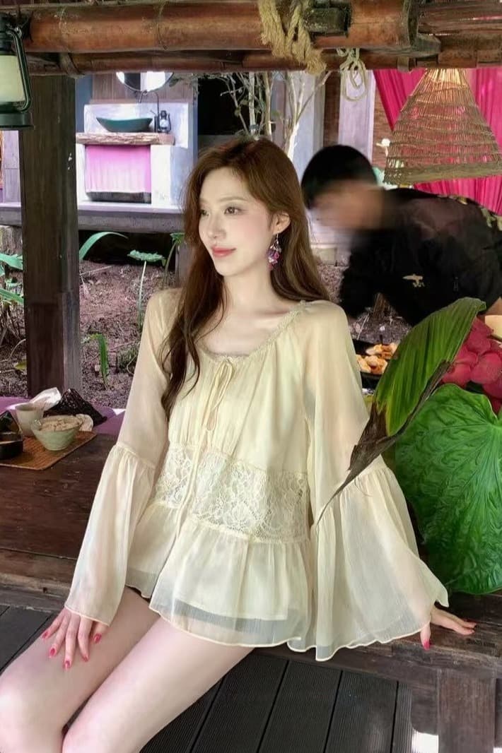 실사 감소되지 않음 조기 가을 낭만주의 안개 새싹 센스 연꽃 잎 소매 레이스 조각 다용도 작은 셔츠 이미지 5