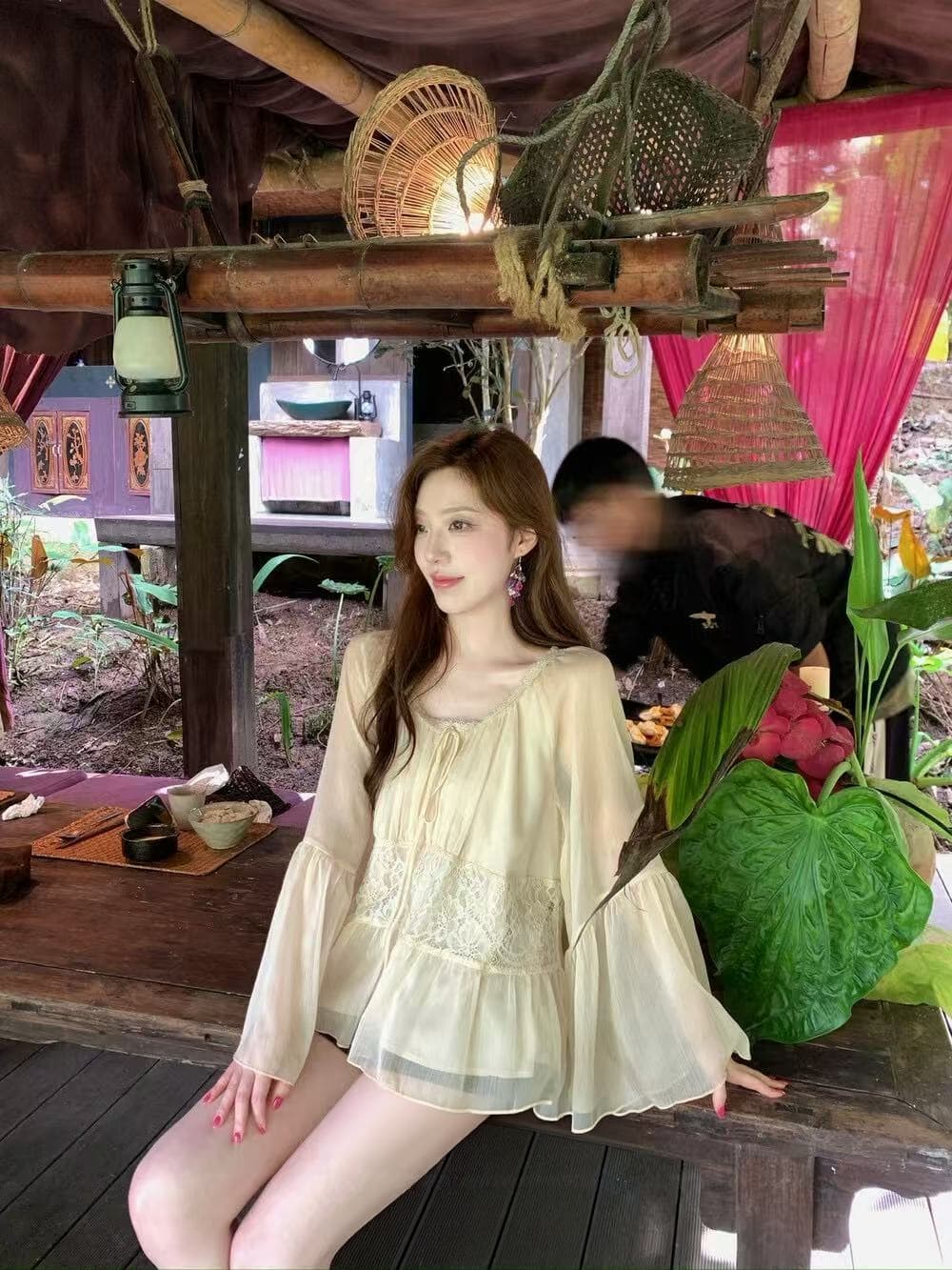 실사 감소되지 않음 조기 가을 낭만주의 안개 새싹 센스 연꽃 잎 소매 레이스 조각 다용도 작은 셔츠 상세 이미지 2
