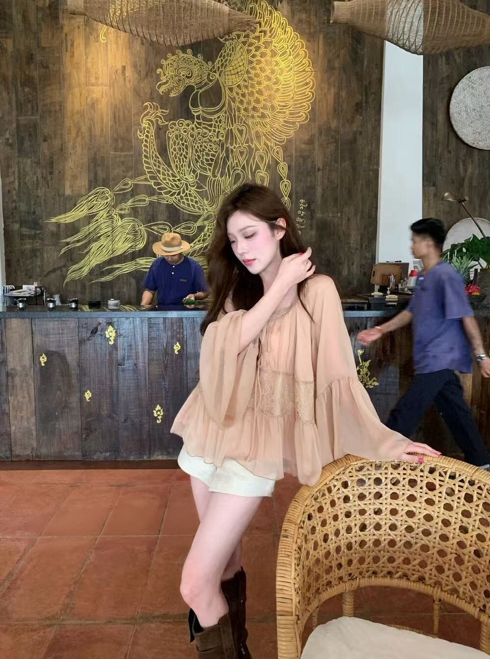 실사 감소되지 않음 조기 가을 낭만주의 안개 새싹 센스 연꽃 잎 소매 레이스 조각 다용도 작은 셔츠 상세 이미지 5