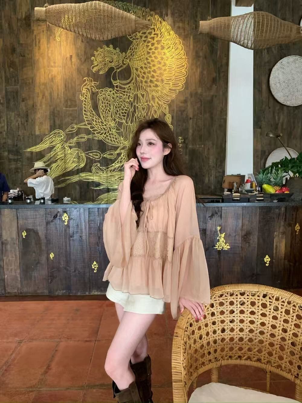 실사 감소되지 않음 조기 가을 낭만주의 안개 새싹 센스 연꽃 잎 소매 레이스 조각 다용도 작은 셔츠 상세 이미지 6