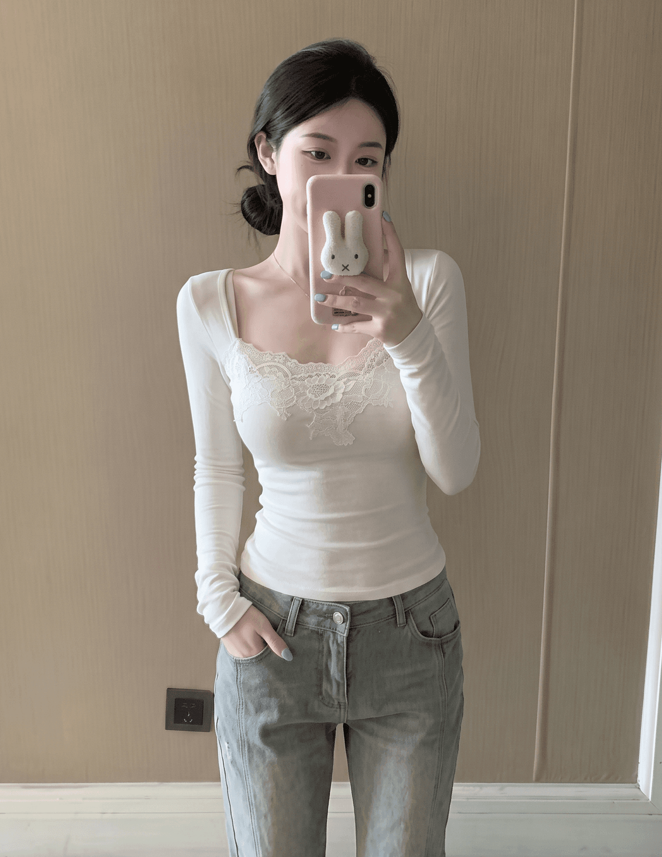 실사 정가 레이스 인사이드 가져 가라. 우아함 광장 칼라 긴팔 기본 셔츠 여성 상세 이미지 1