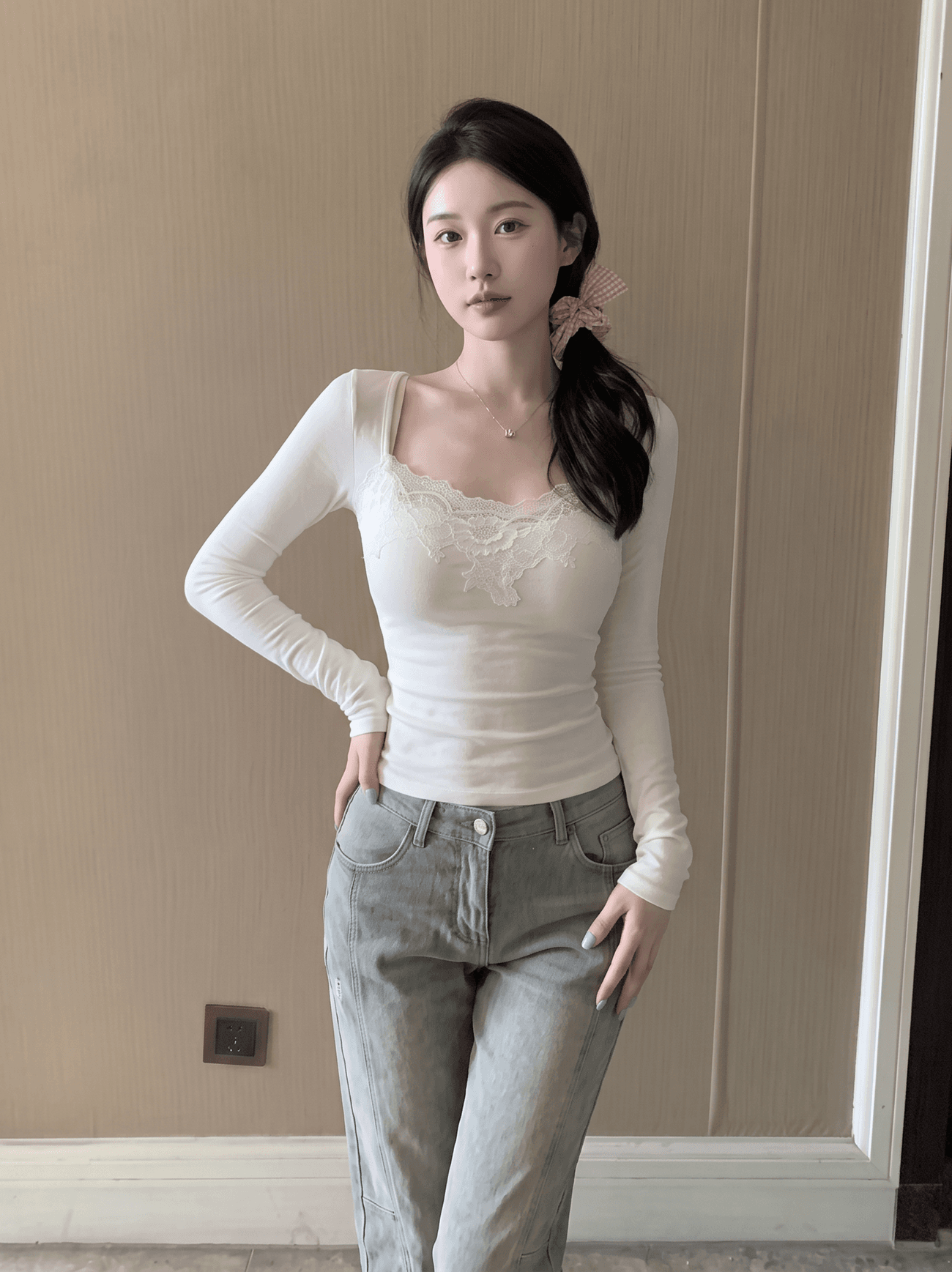실사 정가 레이스 인사이드 가져 가라. 우아함 광장 칼라 긴팔 기본 셔츠 여성 상세 이미지 2