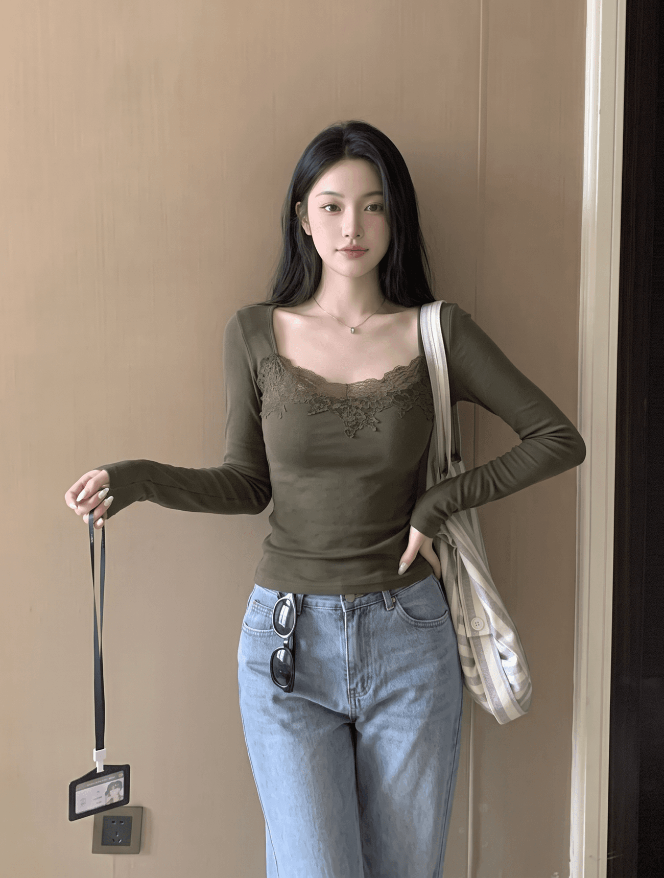 실사 정가 레이스 인사이드 가져 가라. 우아함 광장 칼라 긴팔 기본 셔츠 여성 상세 이미지 6