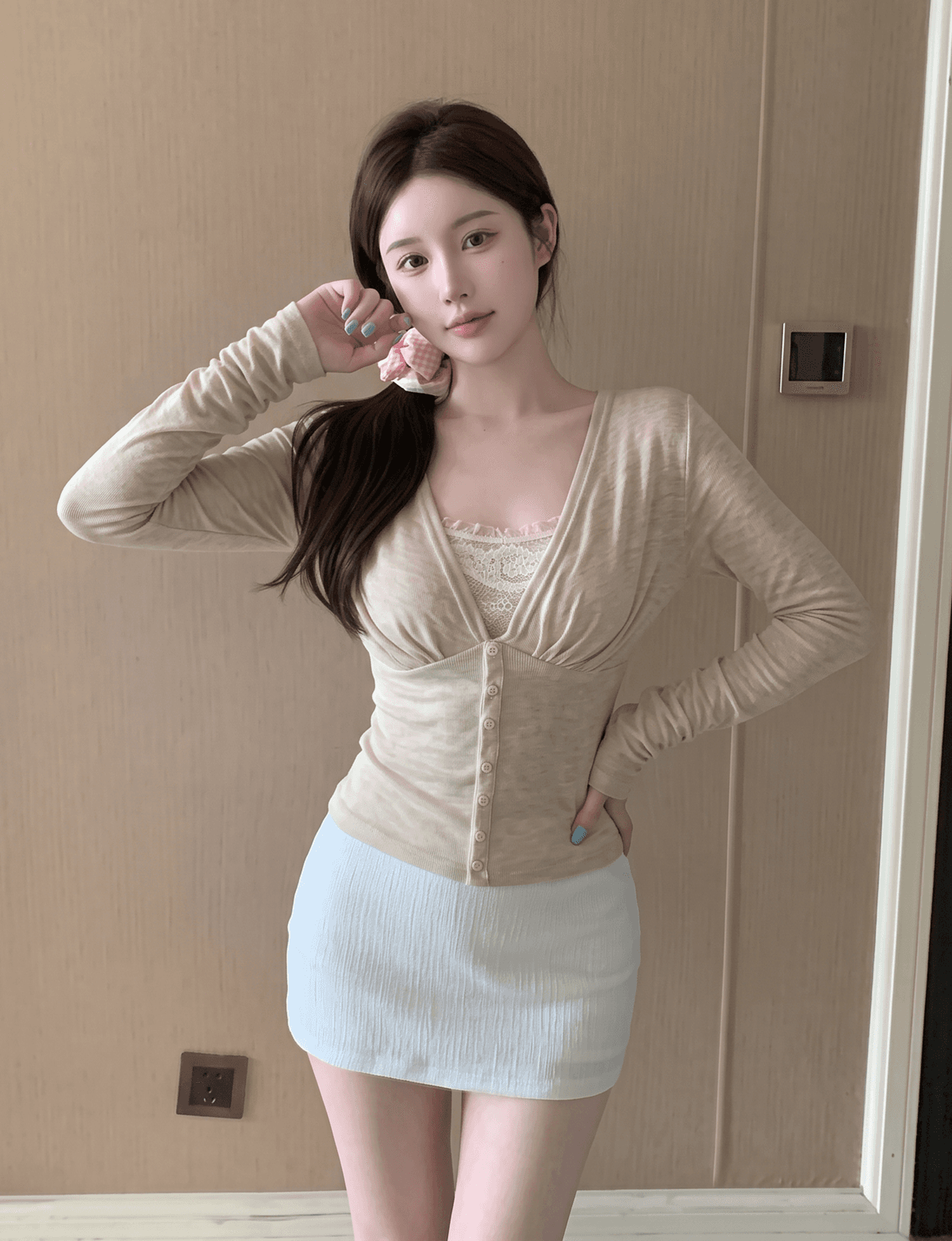 실사 정가 순수한 욕망 안개 빛 V넥 플리츠 오픈 가디건 튜브탑 투피스 세트 그룹 이미지 2