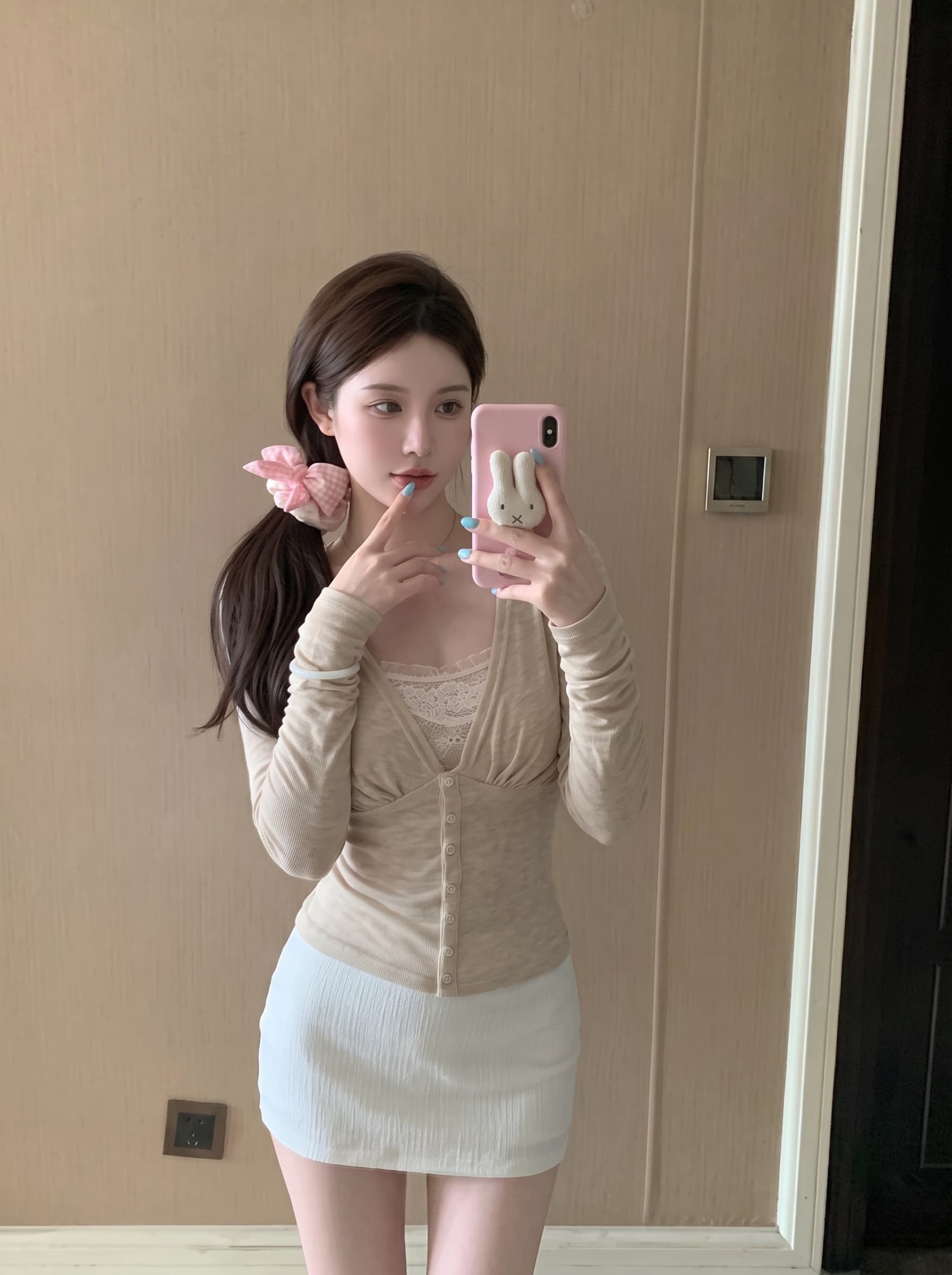 실사 정가 순수한 욕망 안개 빛 V넥 플리츠 오픈 가디건 튜브탑 투피스 세트 그룹 상세 이미지 3