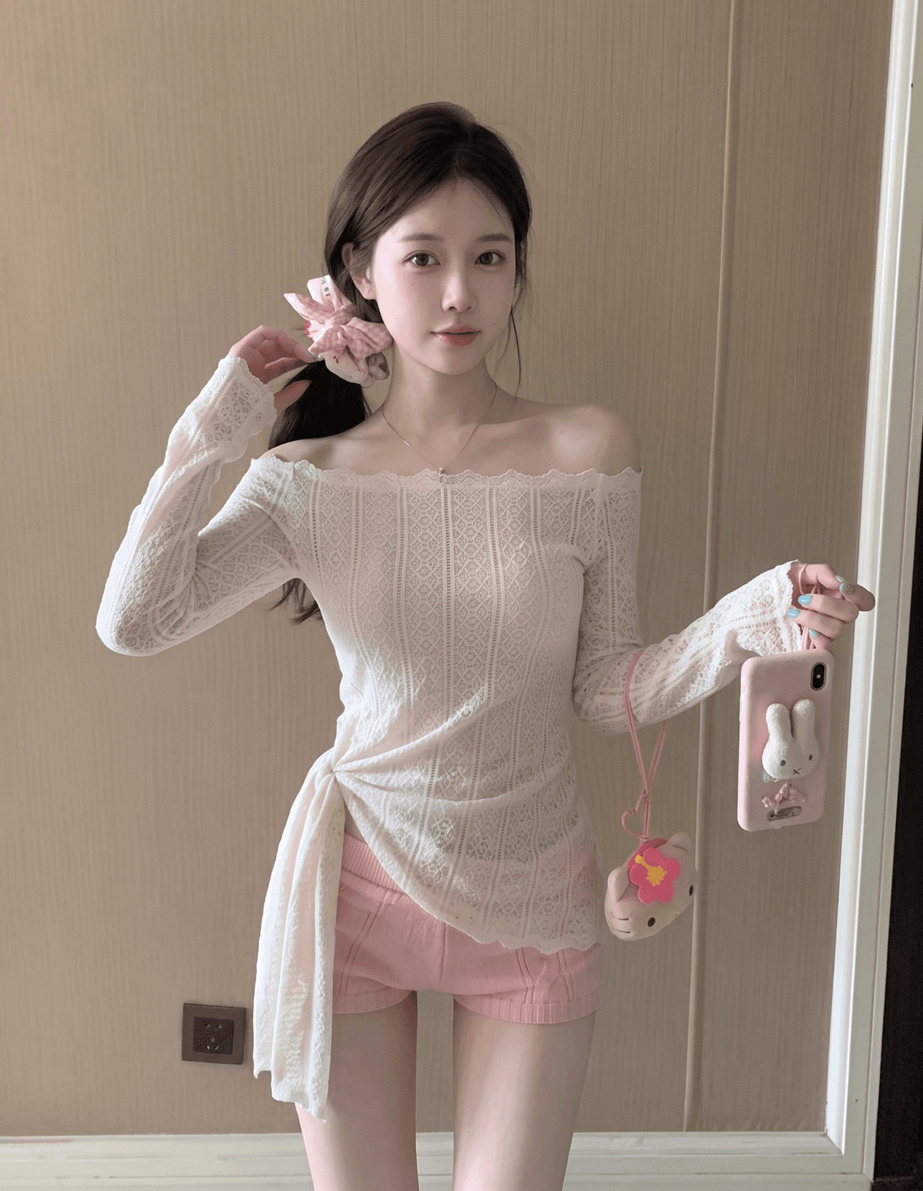 실사 정가 디자인 센스 나비 매듭 자수 허리 수축 오프숄더 맨위 이미지 3