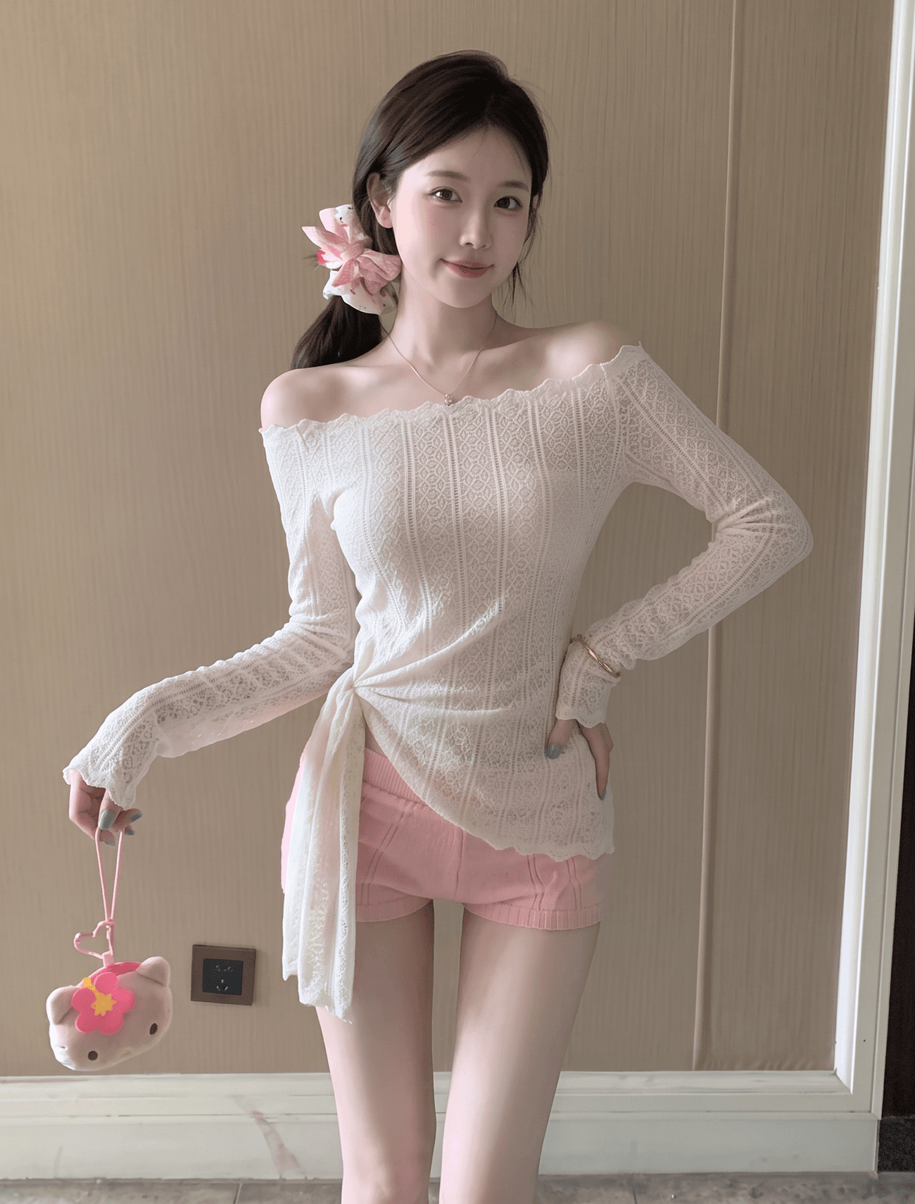 실사 정가 디자인 센스 나비 매듭 자수 허리 수축 오프숄더 맨위 이미지 4