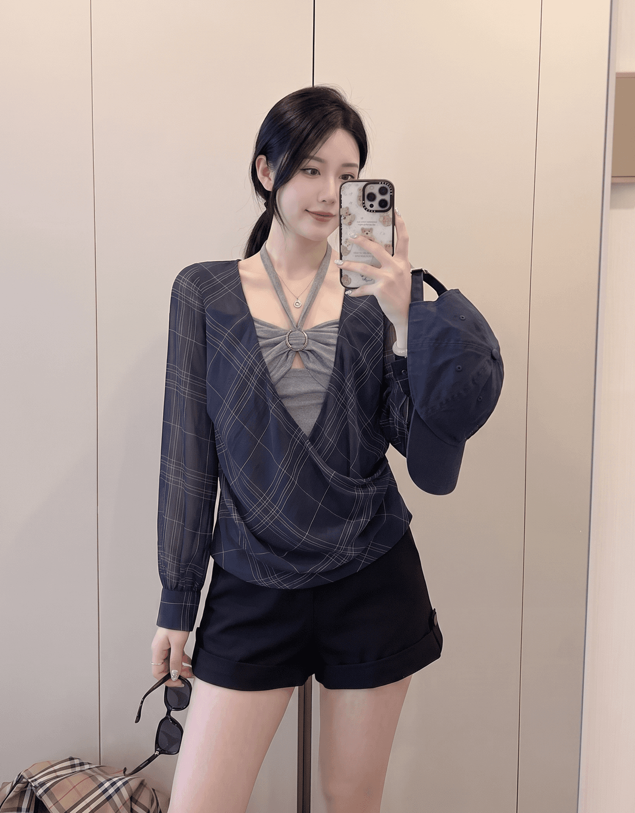 실사 정가 이른 가을 페이크 레이어드 행침 목 맨위 풀오버 해군 체크무늬 긴팔 여성 셔츠 상세 이미지 2