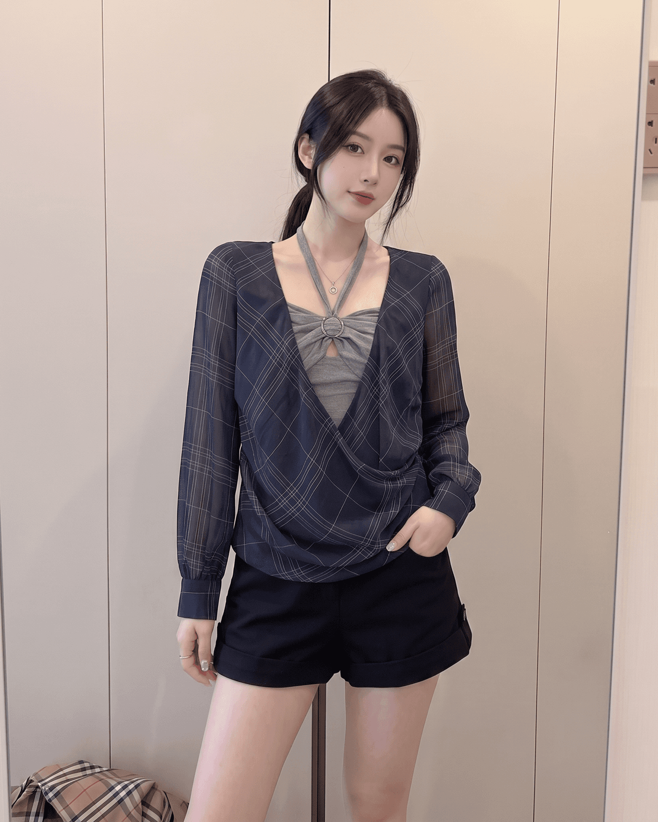 실사 정가 이른 가을 페이크 레이어드 행침 목 맨위 풀오버 해군 체크무늬 긴팔 여성 셔츠 상세 이미지 3