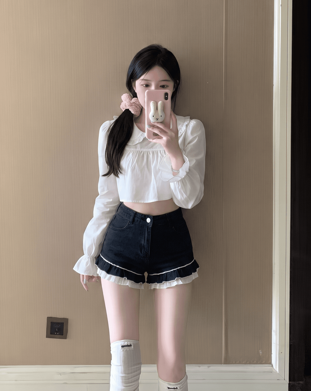 실사 정가 파란색 이중층 베이비 칼라 긴팔 여성 셔츠 가을 새로운 이슬 허리 연령 감소 맨위 이미지 2