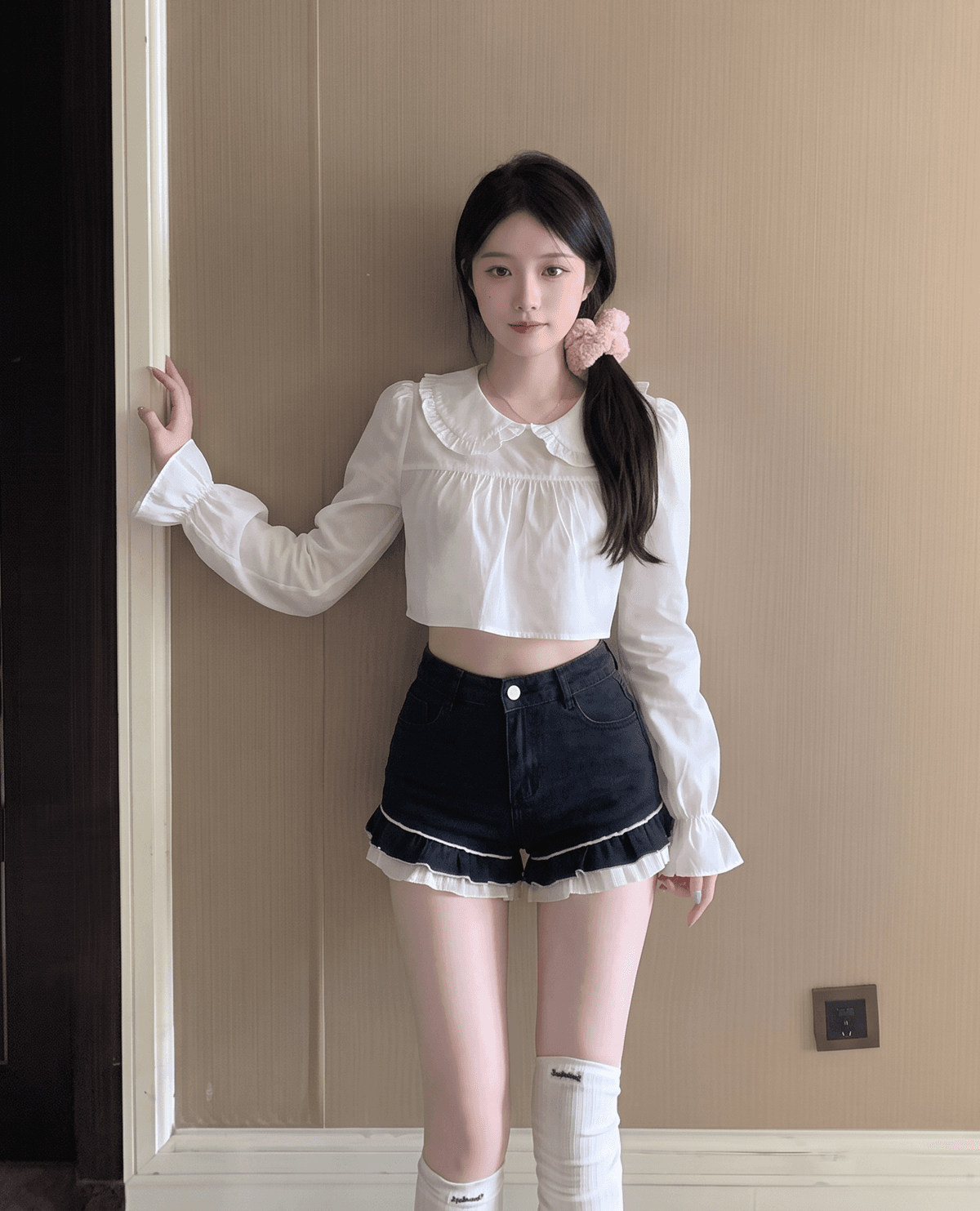 실사 정가 파란색 이중층 베이비 칼라 긴팔 여성 셔츠 가을 새로운 이슬 허리 연령 감소 맨위