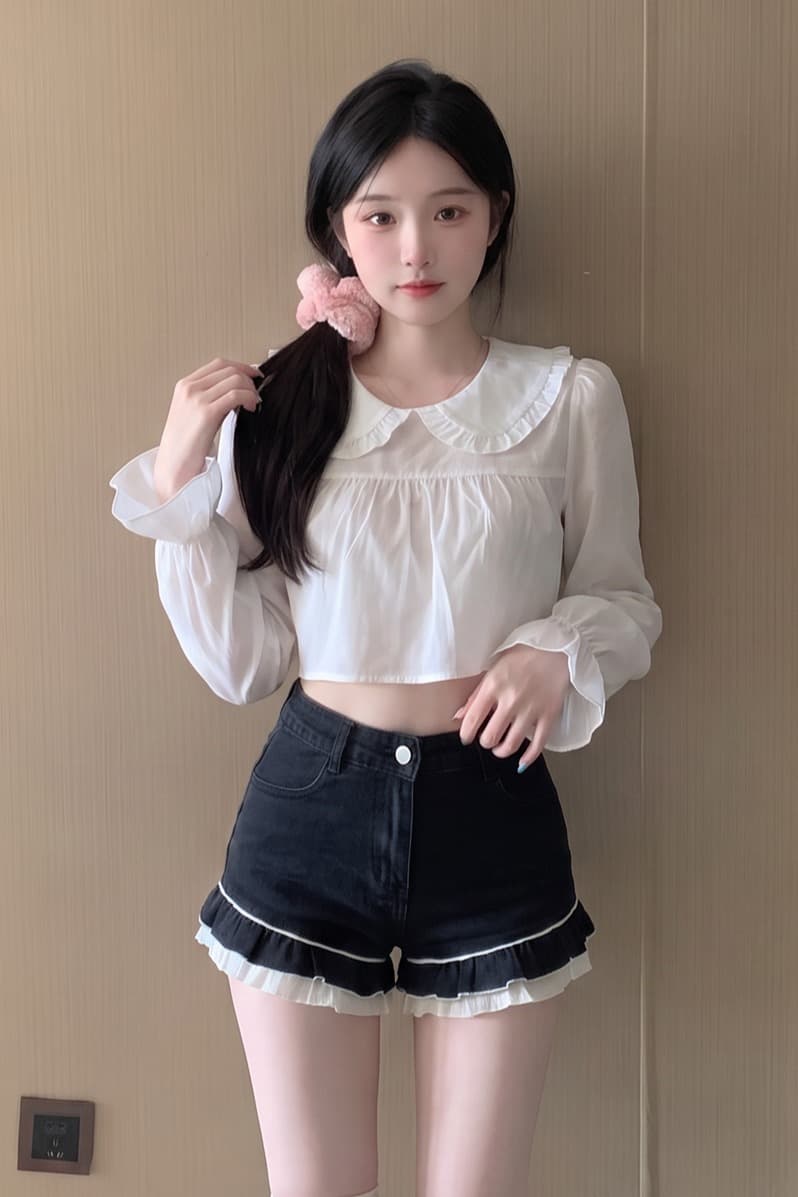 실사 정가 파란색 이중층 베이비 칼라 긴팔 여성 셔츠 가을 새로운 이슬 허리 연령 감소 맨위 이미지 5