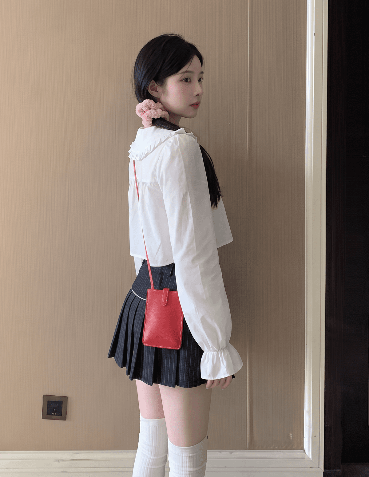 실사 정가 파란색 이중층 베이비 칼라 긴팔 여성 셔츠 가을 새로운 이슬 허리 연령 감소 맨위 상세 이미지 3