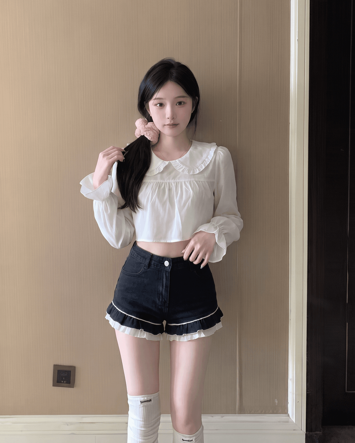 실사 정가 파란색 이중층 베이비 칼라 긴팔 여성 셔츠 가을 새로운 이슬 허리 연령 감소 맨위 상세 이미지 4