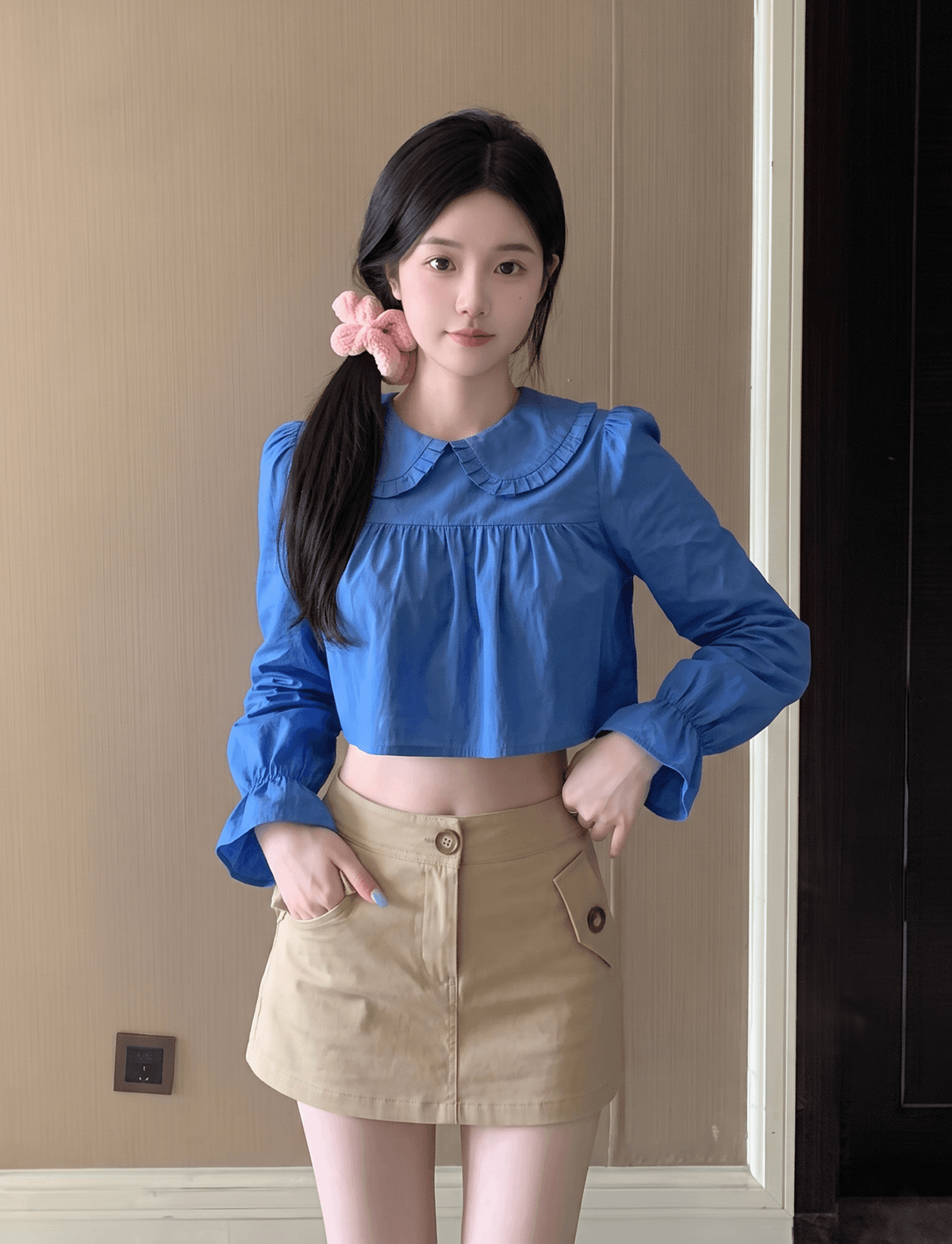 실사 정가 파란색 이중층 베이비 칼라 긴팔 여성 셔츠 가을 새로운 이슬 허리 연령 감소 맨위 상세 이미지 6