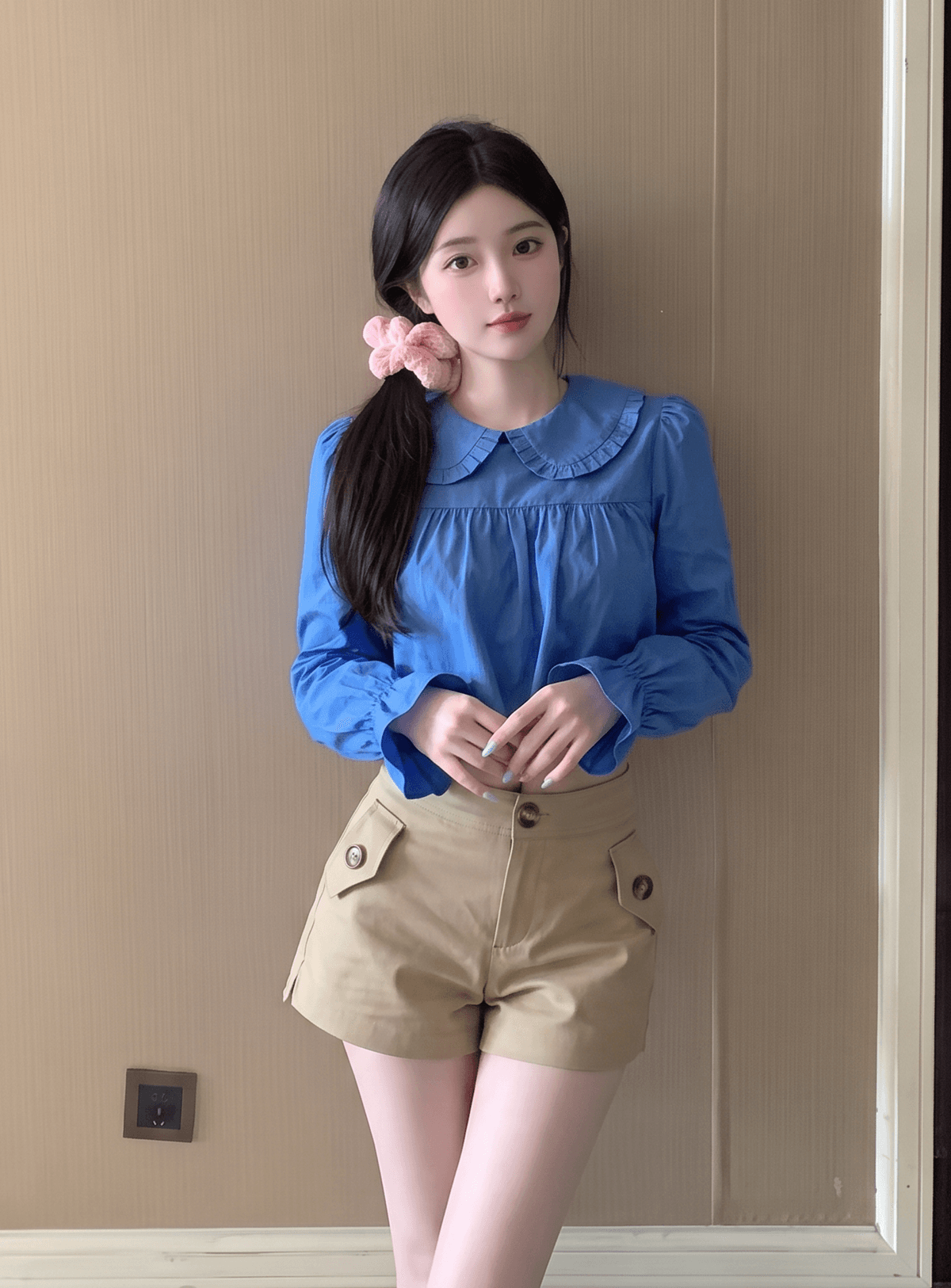 실사 정가 파란색 이중층 베이비 칼라 긴팔 여성 셔츠 가을 새로운 이슬 허리 연령 감소 맨위 상세 이미지 7