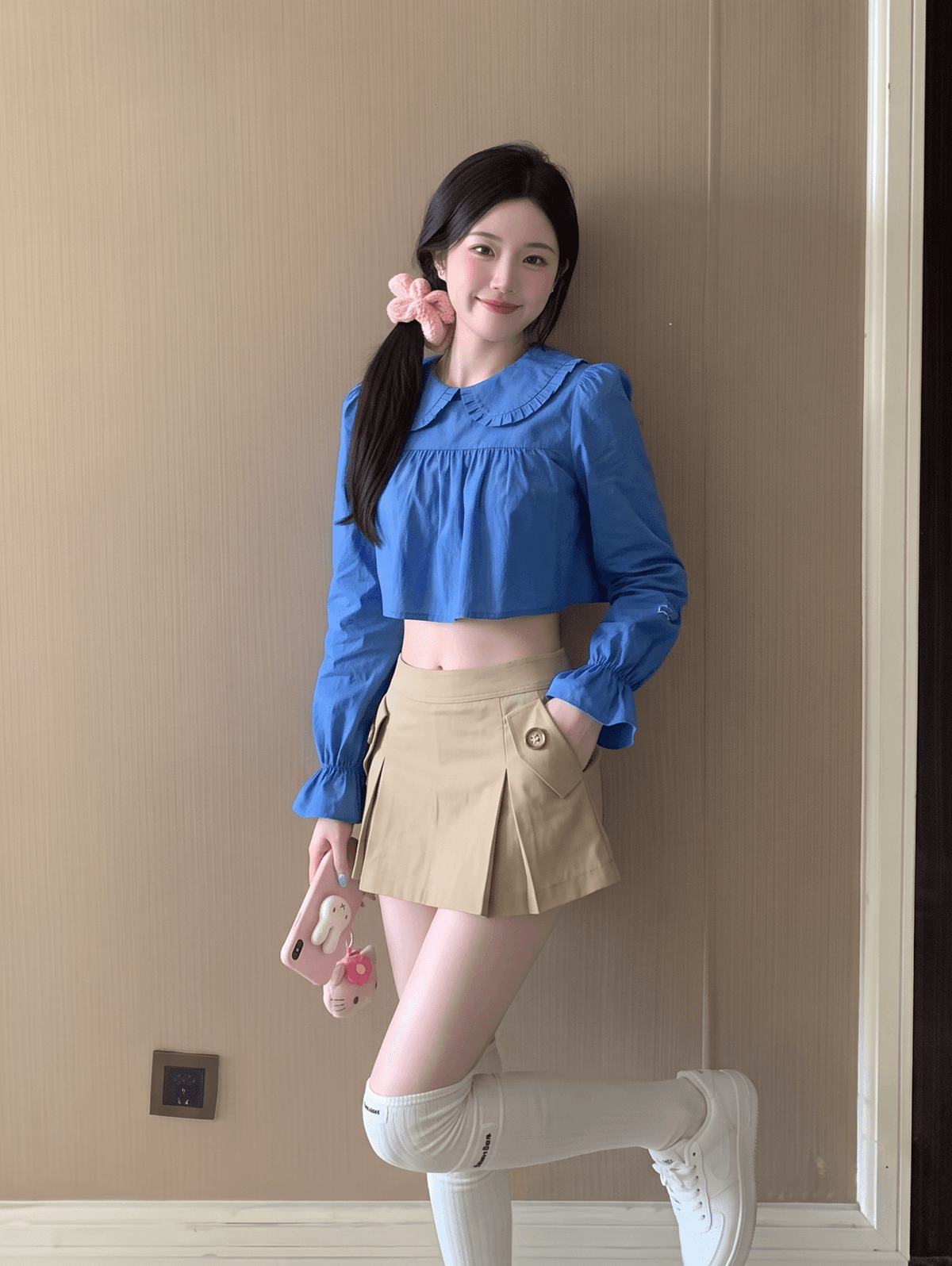 실사 정가 파란색 이중층 베이비 칼라 긴팔 여성 셔츠 가을 새로운 이슬 허리 연령 감소 맨위 상세 이미지 8