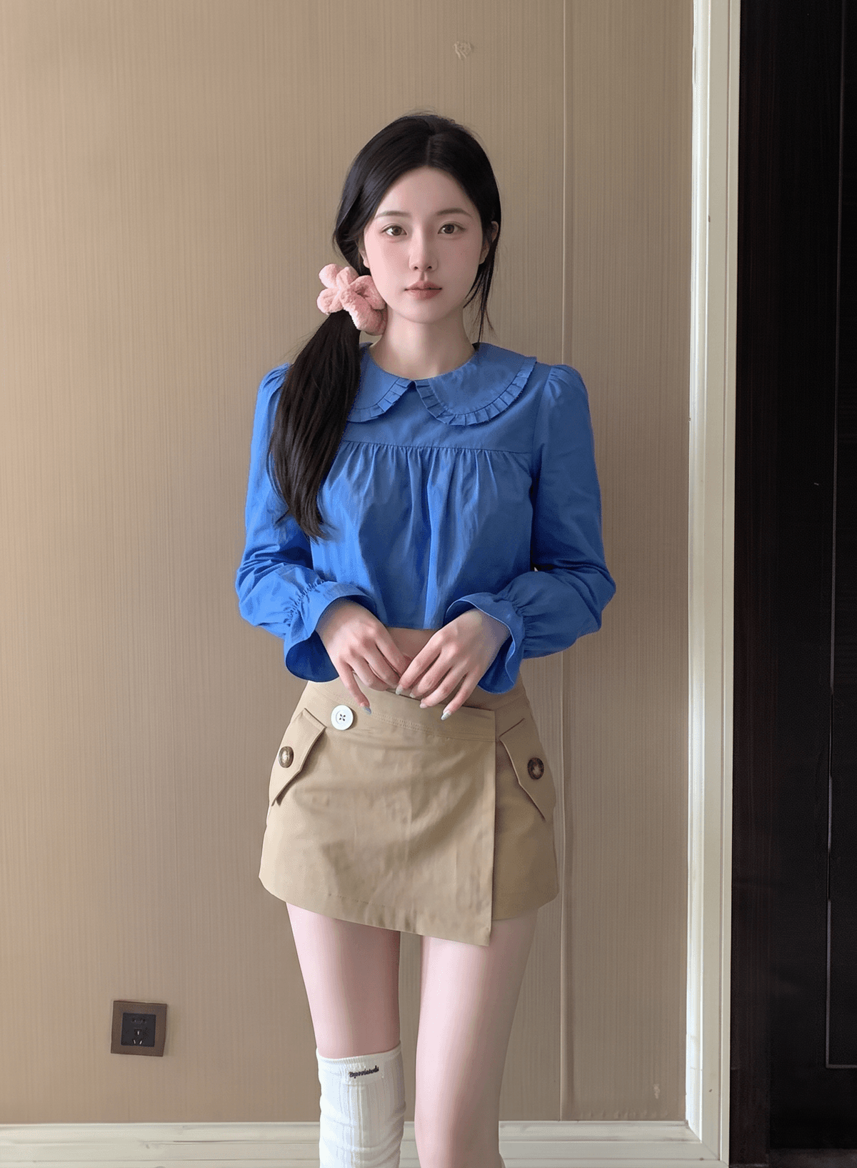 실사 정가 파란색 이중층 베이비 칼라 긴팔 여성 셔츠 가을 새로운 이슬 허리 연령 감소 맨위 상세 이미지 9