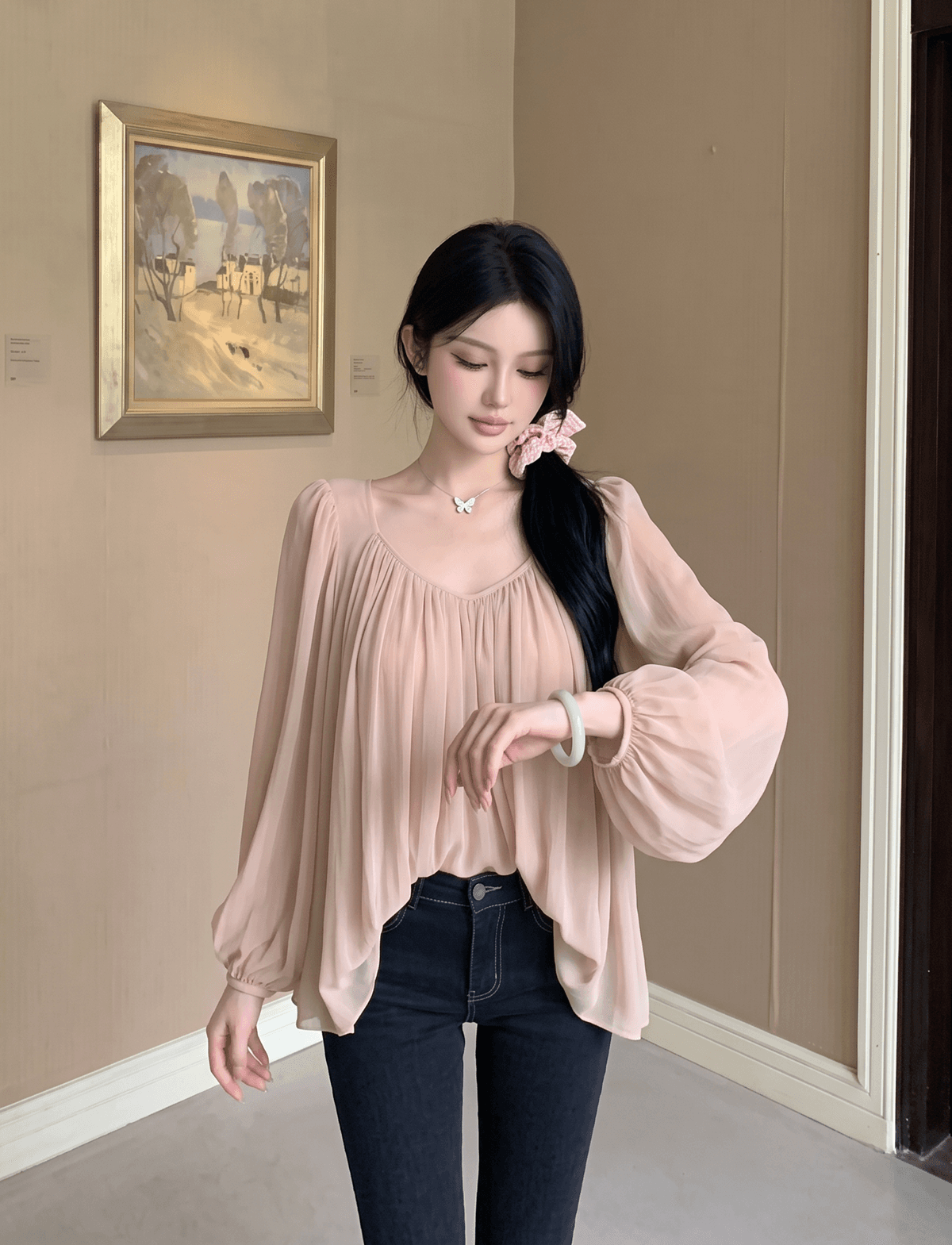 실사 정가 프랑스식 벌룬 소매 시폰 셔츠 여성 봄 여름 와이드 밑단 핀치 Pleat 마이크로 ~을 통해 패키지 어깨 셔츠 이미지 3