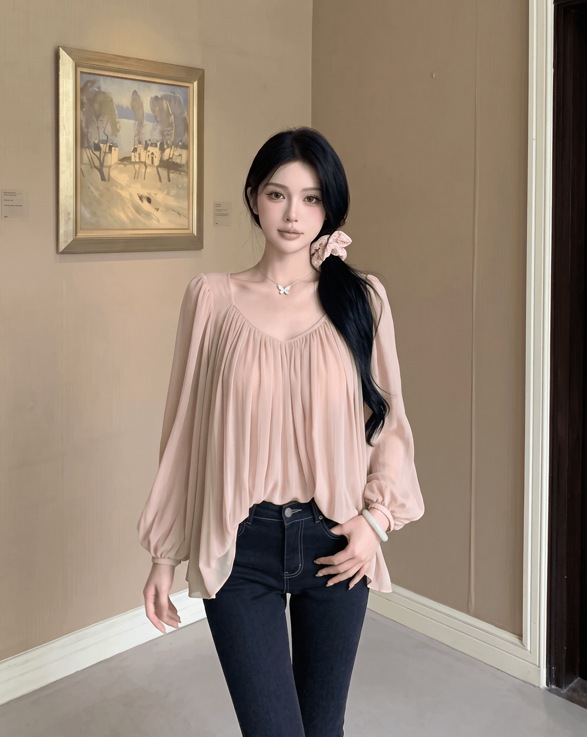 실사 정가 프랑스식 벌룬 소매 시폰 셔츠 여성 봄 여름 와이드 밑단 핀치 Pleat 마이크로 ~을 통해 패키지 어깨 셔츠 이미지 4