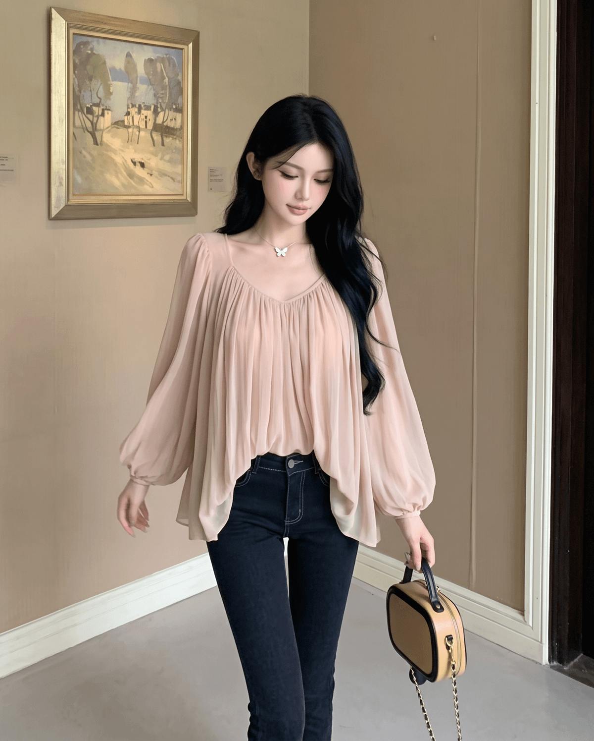 실사 정가 프랑스식 벌룬 소매 시폰 셔츠 여성 봄 여름 와이드 밑단 핀치 Pleat 마이크로 ~을 통해 패키지 어깨 셔츠 상세 이미지 1