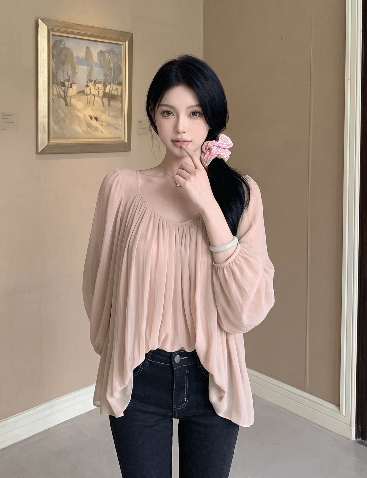 실사 정가 프랑스식 벌룬 소매 시폰 셔츠 여성 봄 여름 와이드 밑단 핀치 Pleat 마이크로 ~을 통해 패키지 어깨 셔츠 상세 이미지 4