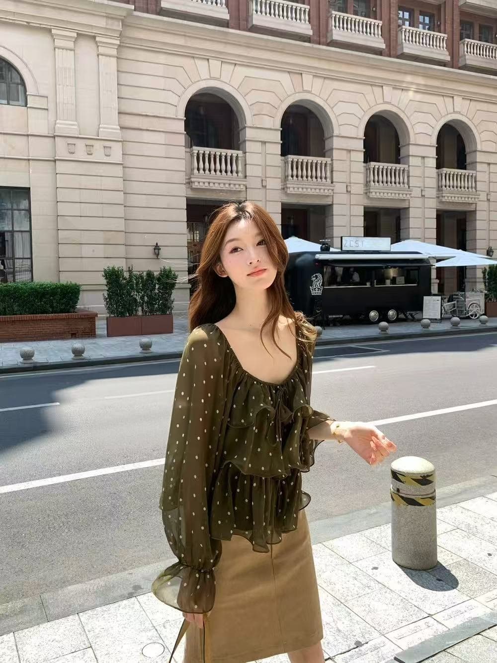 실사 감소되지 않음 가을 2026 새로운 슬림해 보이는 다용도 도트 무늬 프릴 작은 셔츠 셔츠 맨위 여성 상세 이미지 9