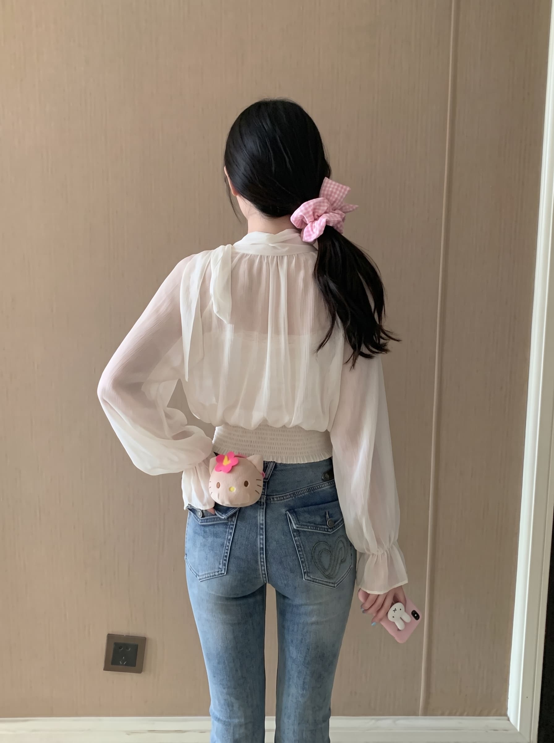 실사 정가 양면 세트 느긋한 바람 양성 및 음성 둘 착용 리본 칼라 주름 허리 수축 마이크로 ~을 통해 쉬폰 블라우스 블라우스 이미지 3