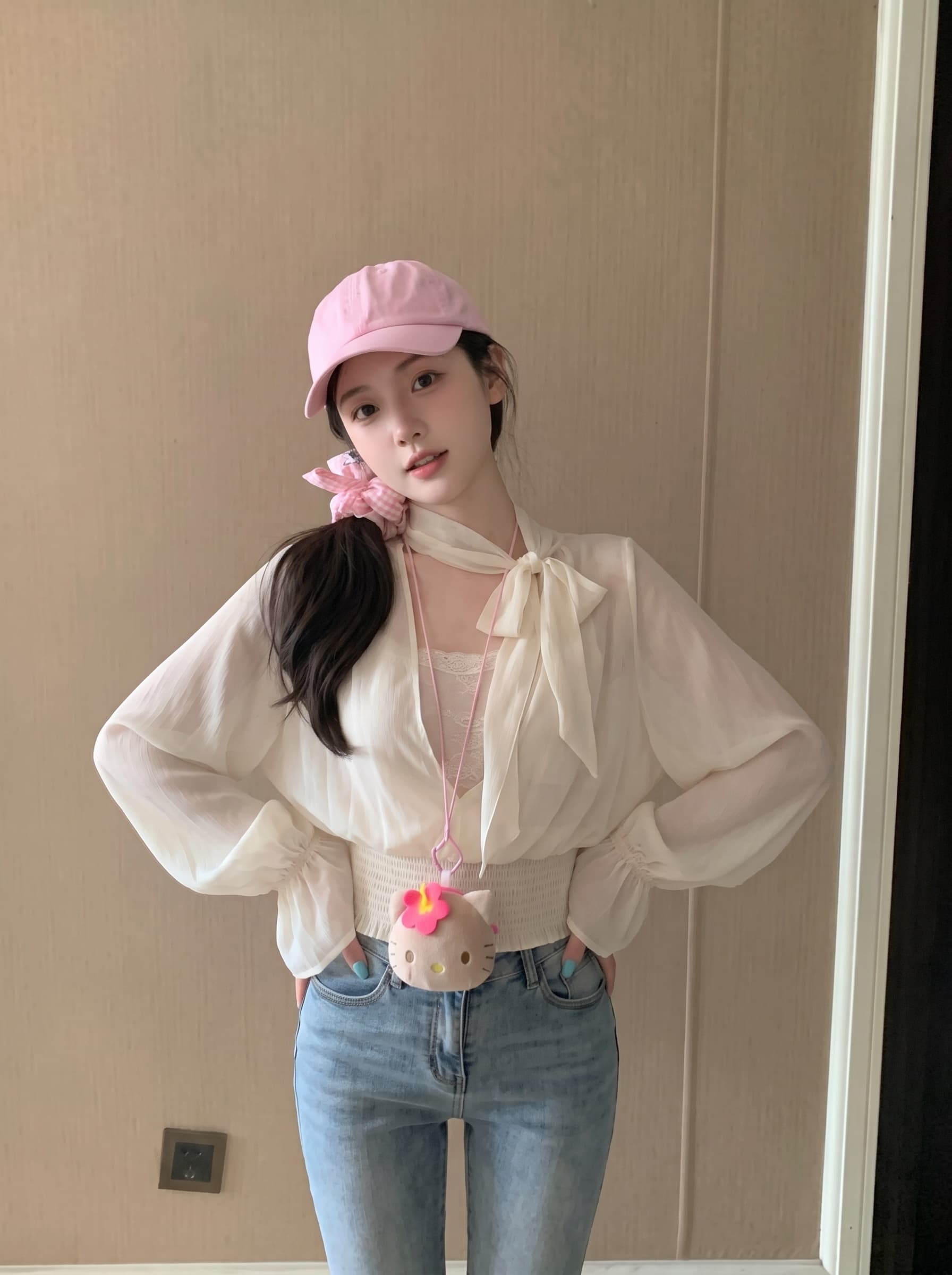 실사 정가 양면 세트 느긋한 바람 양성 및 음성 둘 착용 리본 칼라 주름 허리 수축 마이크로 ~을 통해 쉬폰 블라우스 블라우스 상세 이미지 2