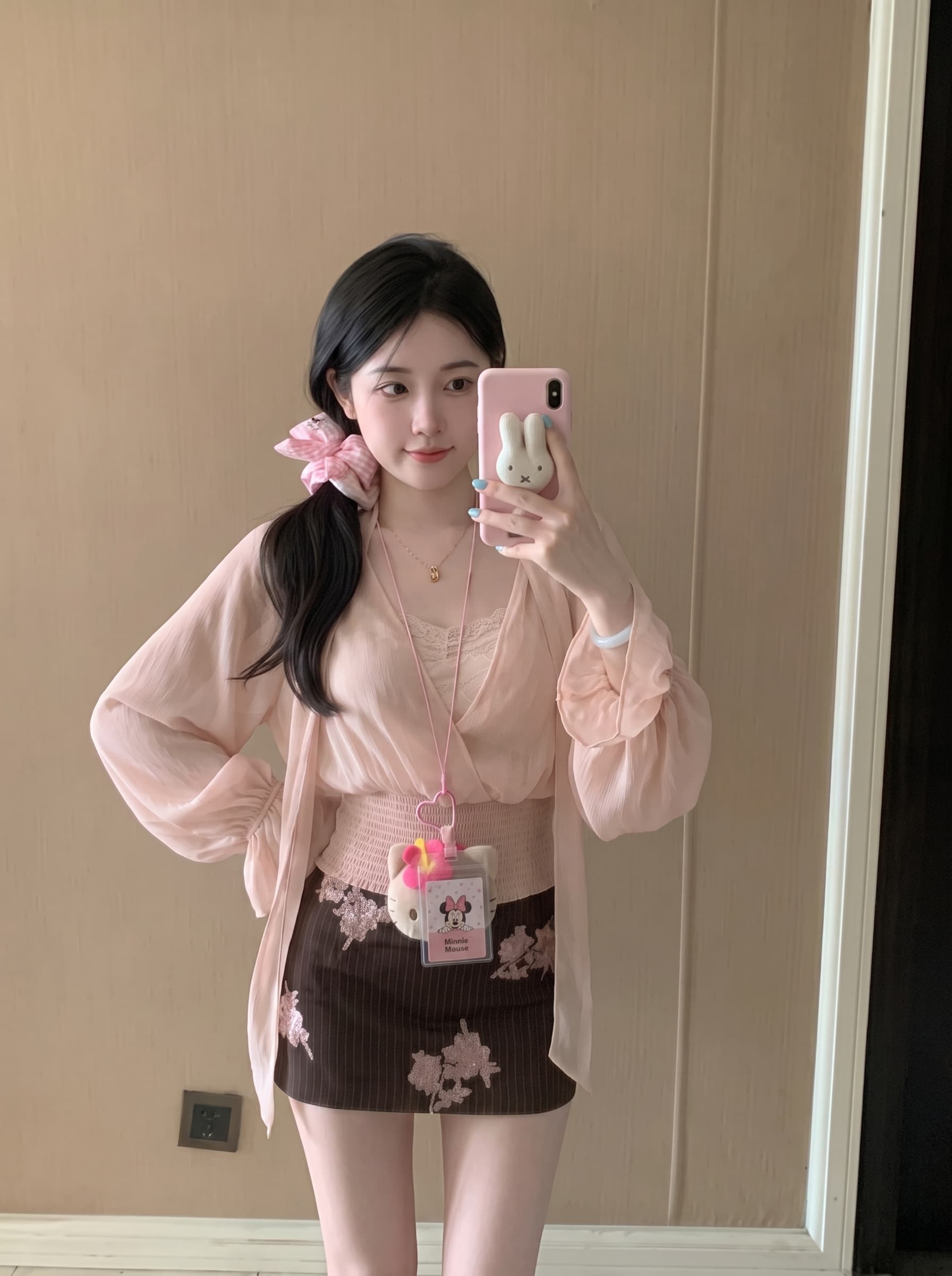 실사 정가 양면 세트 느긋한 바람 양성 및 음성 둘 착용 리본 칼라 주름 허리 수축 마이크로 ~을 통해 쉬폰 블라우스 블라우스 상세 이미지 7