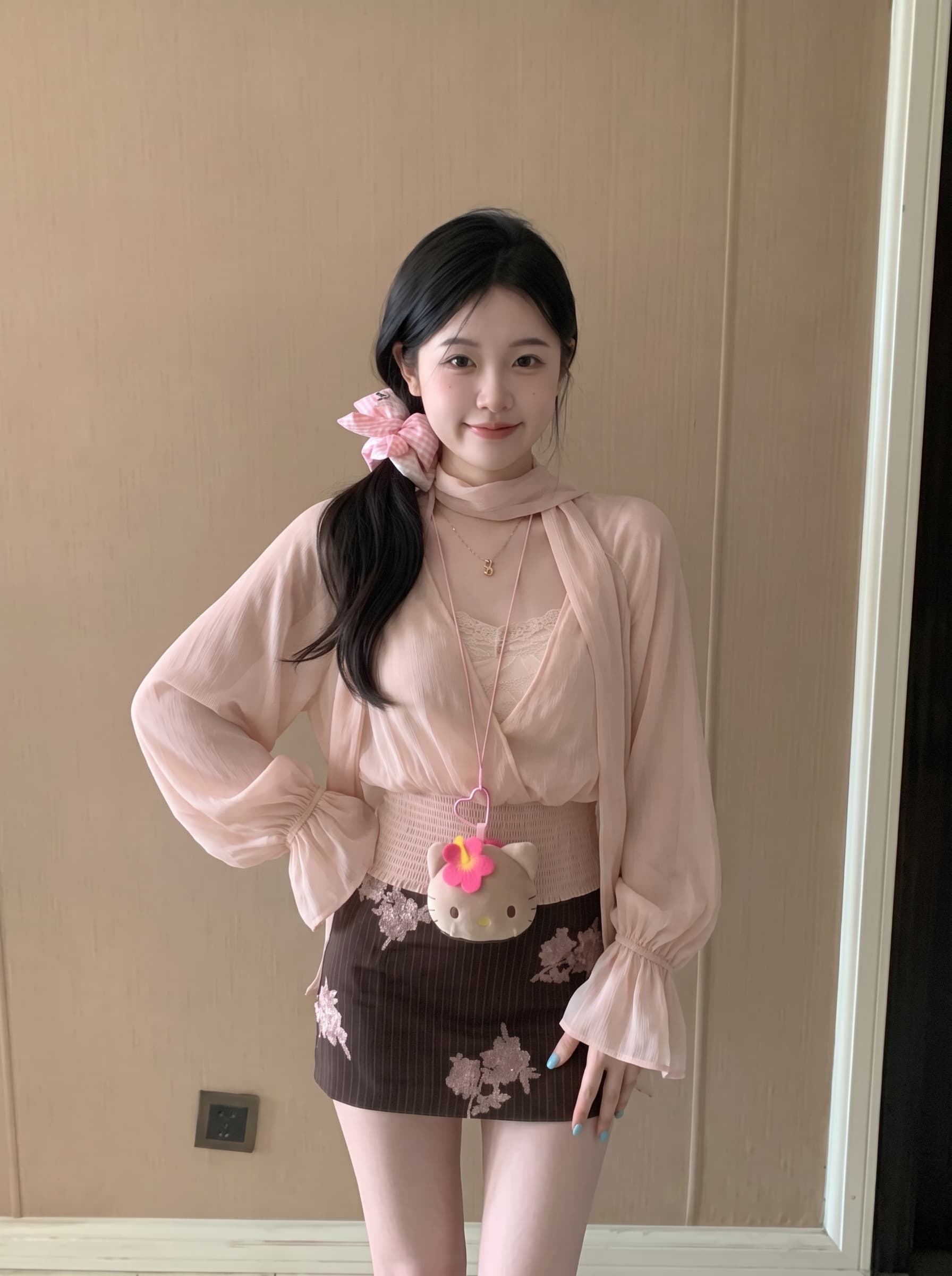 실사 정가 양면 세트 느긋한 바람 양성 및 음성 둘 착용 리본 칼라 주름 허리 수축 마이크로 ~을 통해 쉬폰 블라우스 블라우스 상세 이미지 9