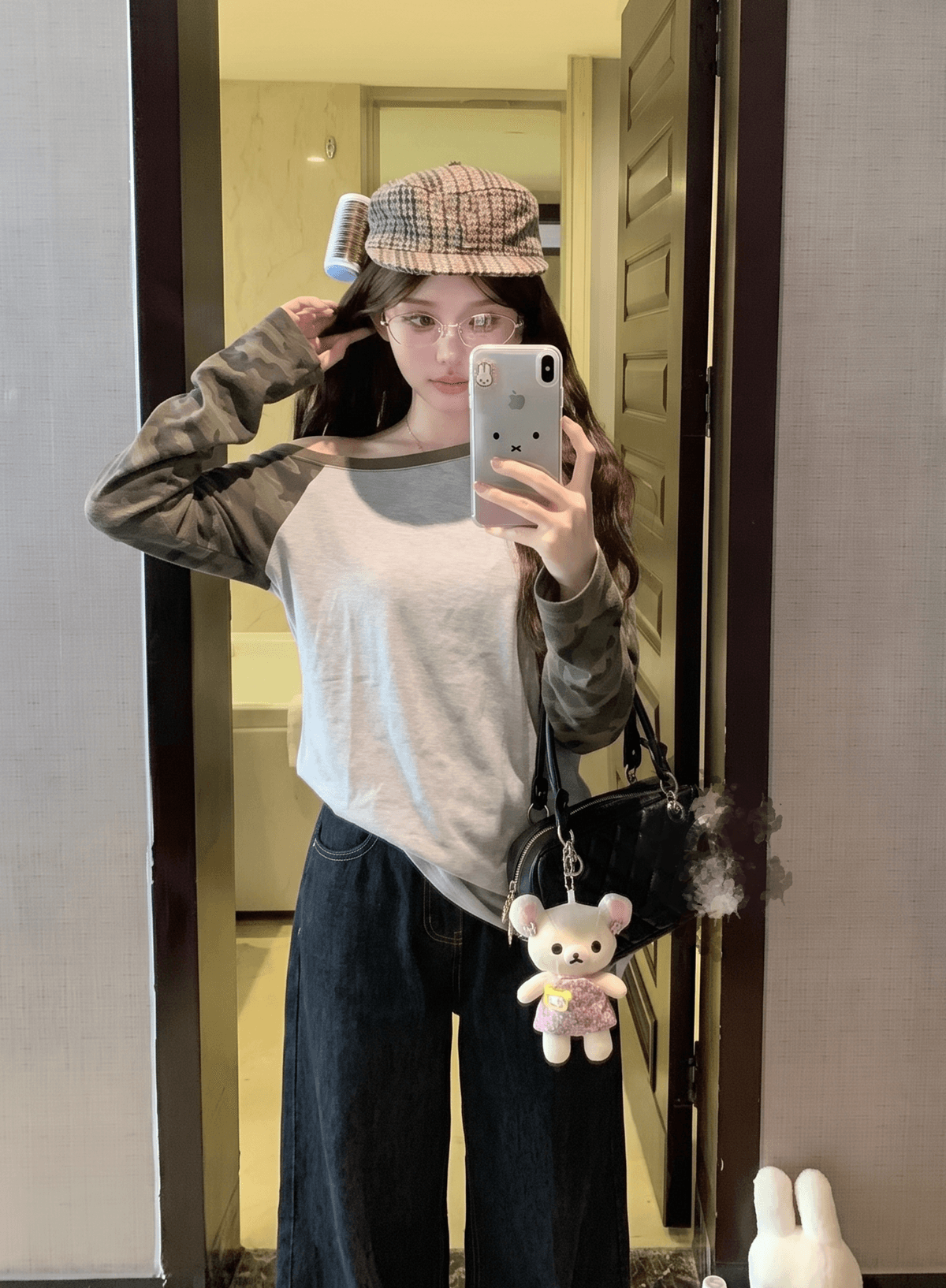 실사 정가 약 질적 인 놈 꽃 회색 패치워크 카모플라주 소매 불규칙 비스듬한 어깨 칼라 삽입 어깨 소매 루즈핏 느긋한 티셔츠 상세 이미지 1