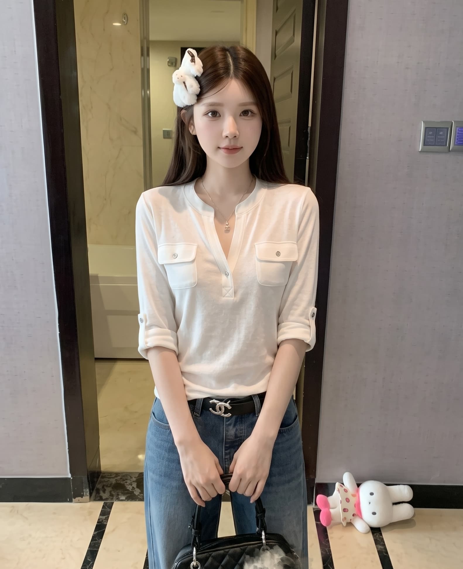 실사 정가 니스 오래된 일지 반 개방 칼라 주머니 중간 소매 티셔츠 여성 가을 느슨함 센스 슬림해 보이는 통기성 맨위