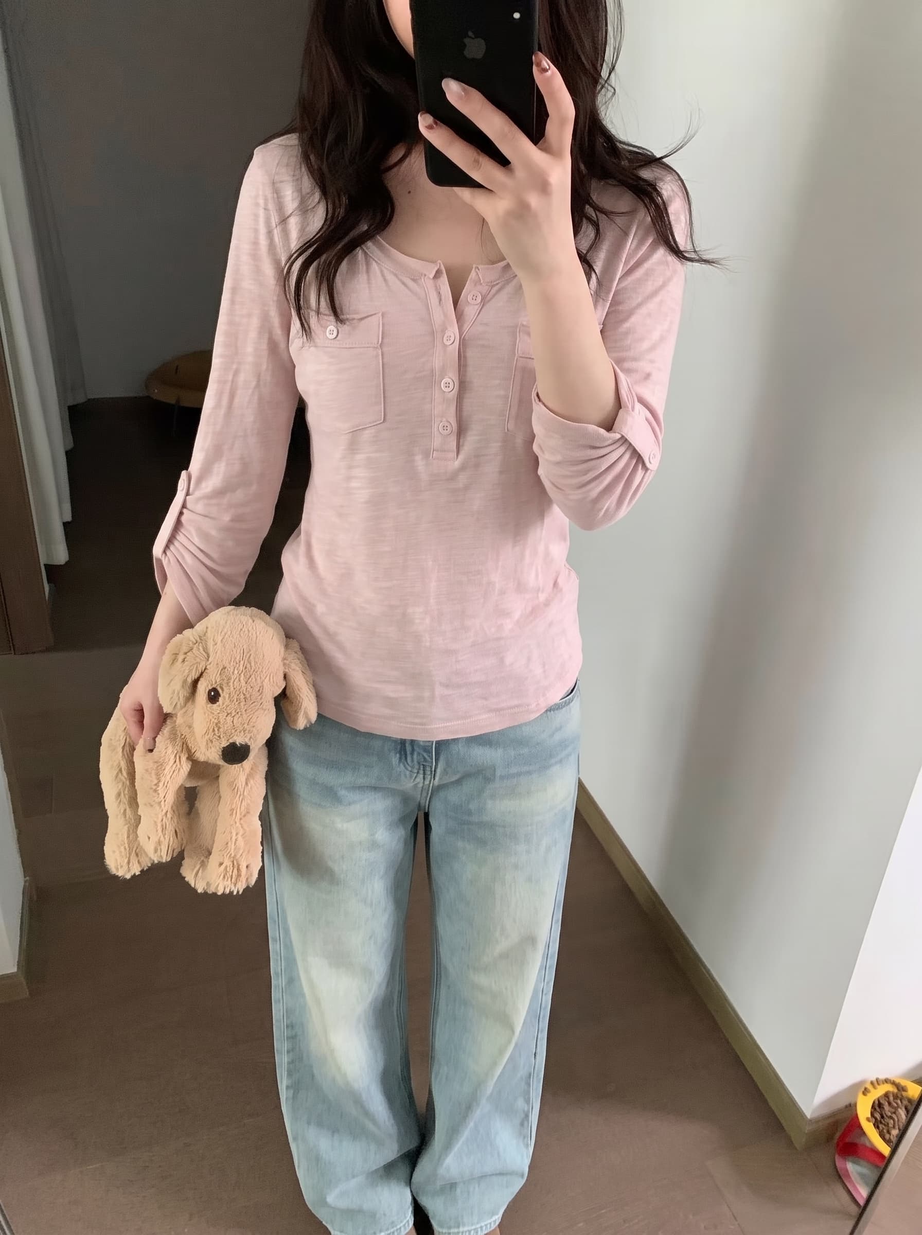 실사 정가 대나무 마디 면 헨리 칼라 워크웨어 버클 袢 슬림해 보이는 긴팔 티셔츠 여성 가을 맨위 상세 이미지 3