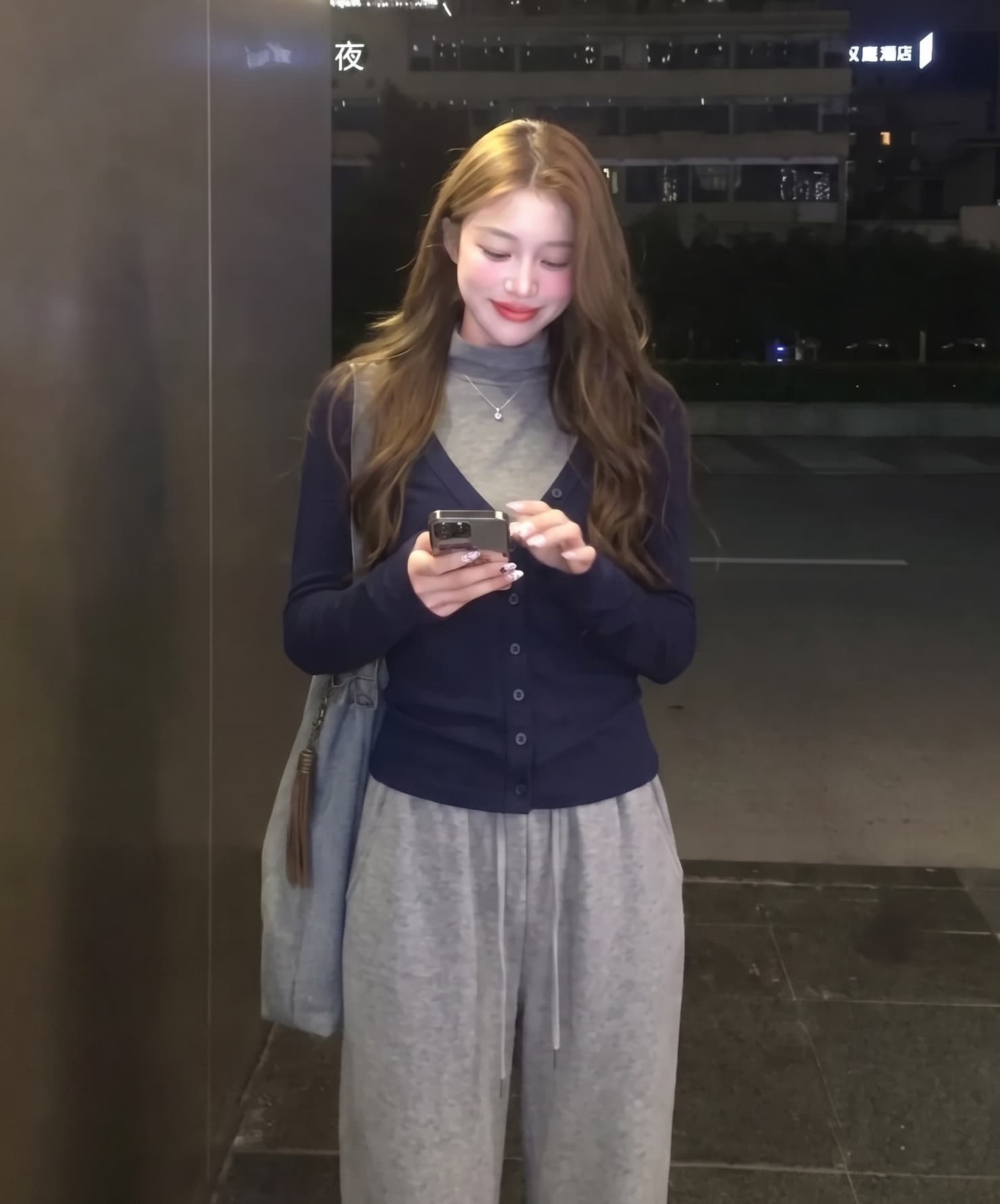 실사 정가 서울 유럽 니켈 회색 조끼 V넥 파란색 오픈 가디건 두 조각 여성 세트 봄 가을 맨위 이미지 3