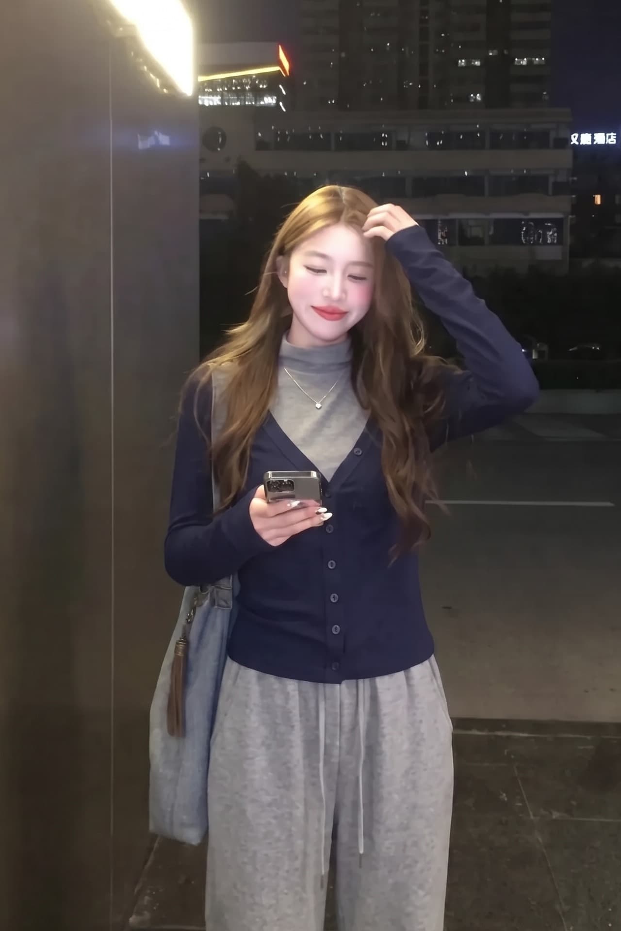 실사 정가 서울 유럽 니켈 회색 조끼 V넥 파란색 오픈 가디건 두 조각 여성 세트 봄 가을 맨위 이미지 5