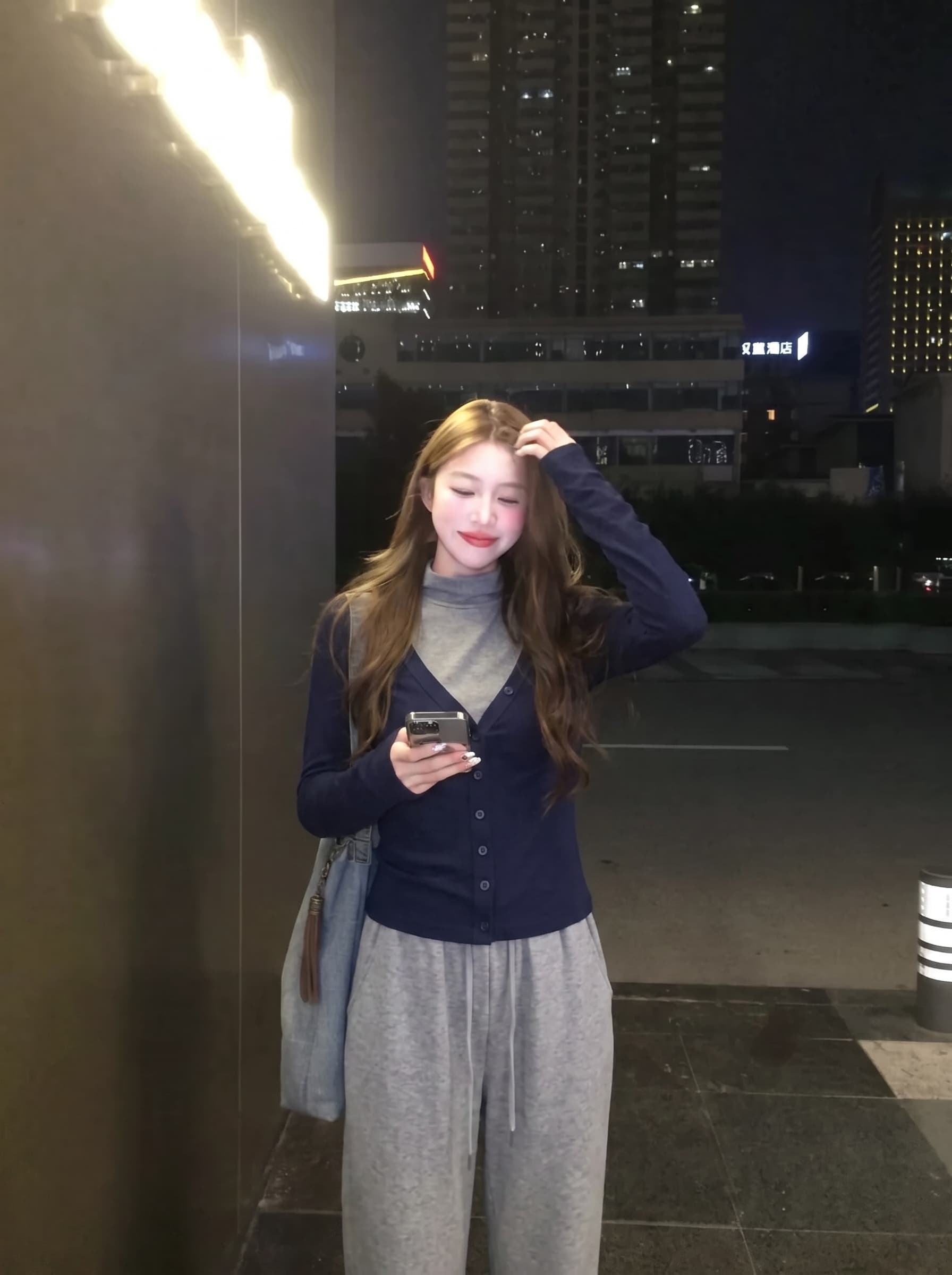 실사 정가 서울 유럽 니켈 회색 조끼 V넥 파란색 오픈 가디건 두 조각 여성 세트 봄 가을 맨위 상세 이미지 1